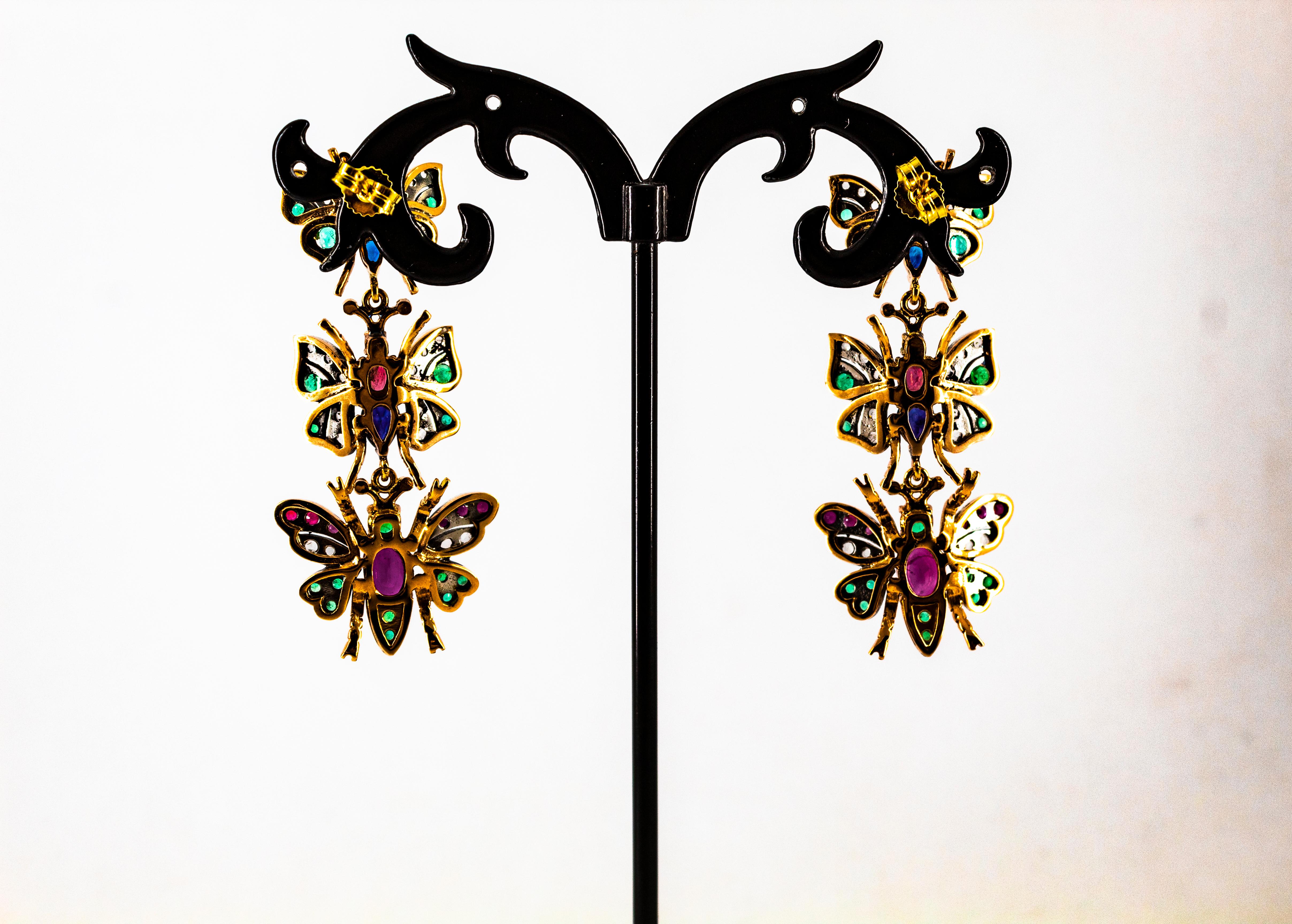 Art Nouveau White Diamond Ruby Emerald Sapphire Yellow Gold Butterflies Earrings For Sale 7