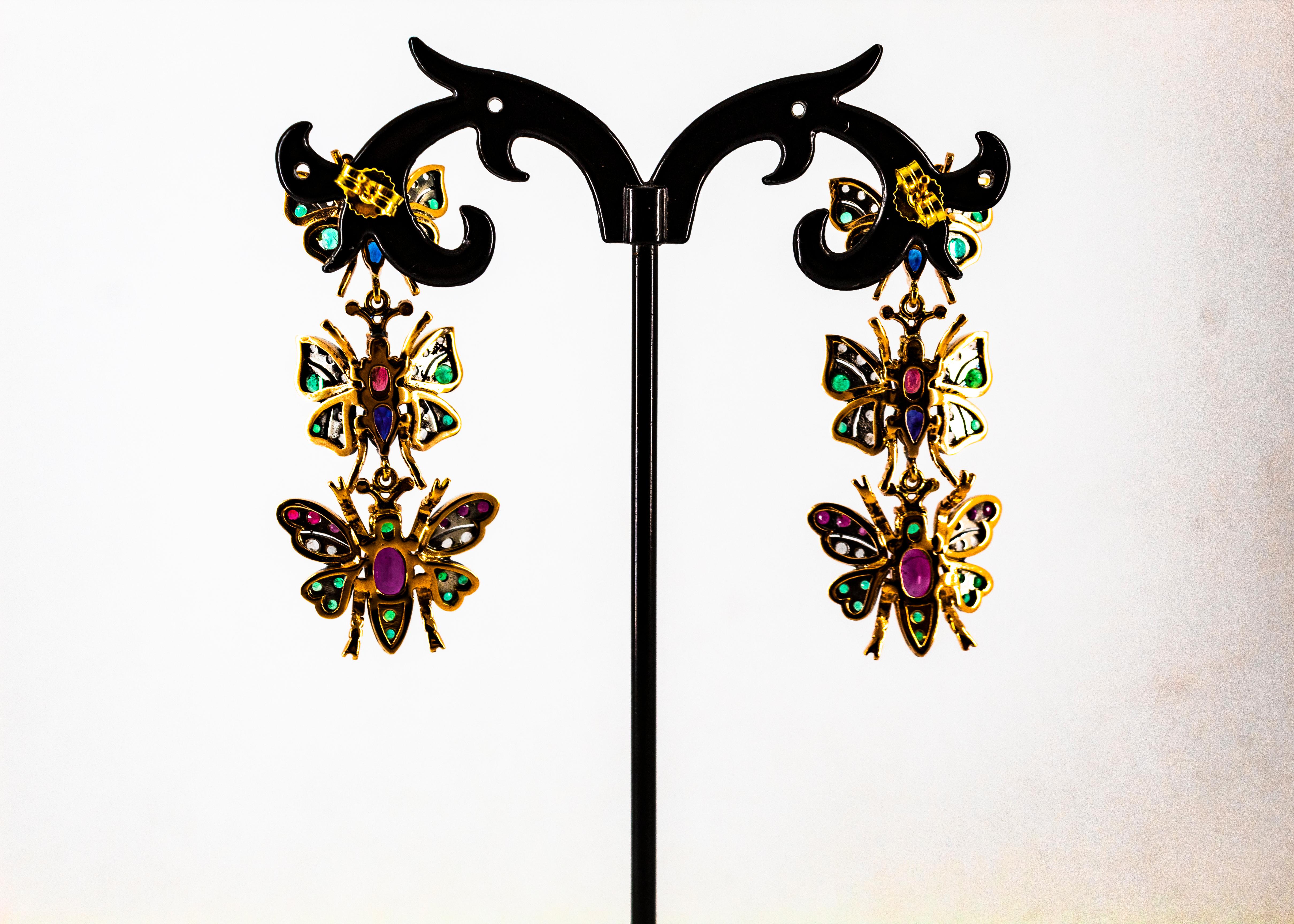 Art Nouveau White Diamond Ruby Emerald Sapphire Yellow Gold Butterflies Earrings For Sale 8