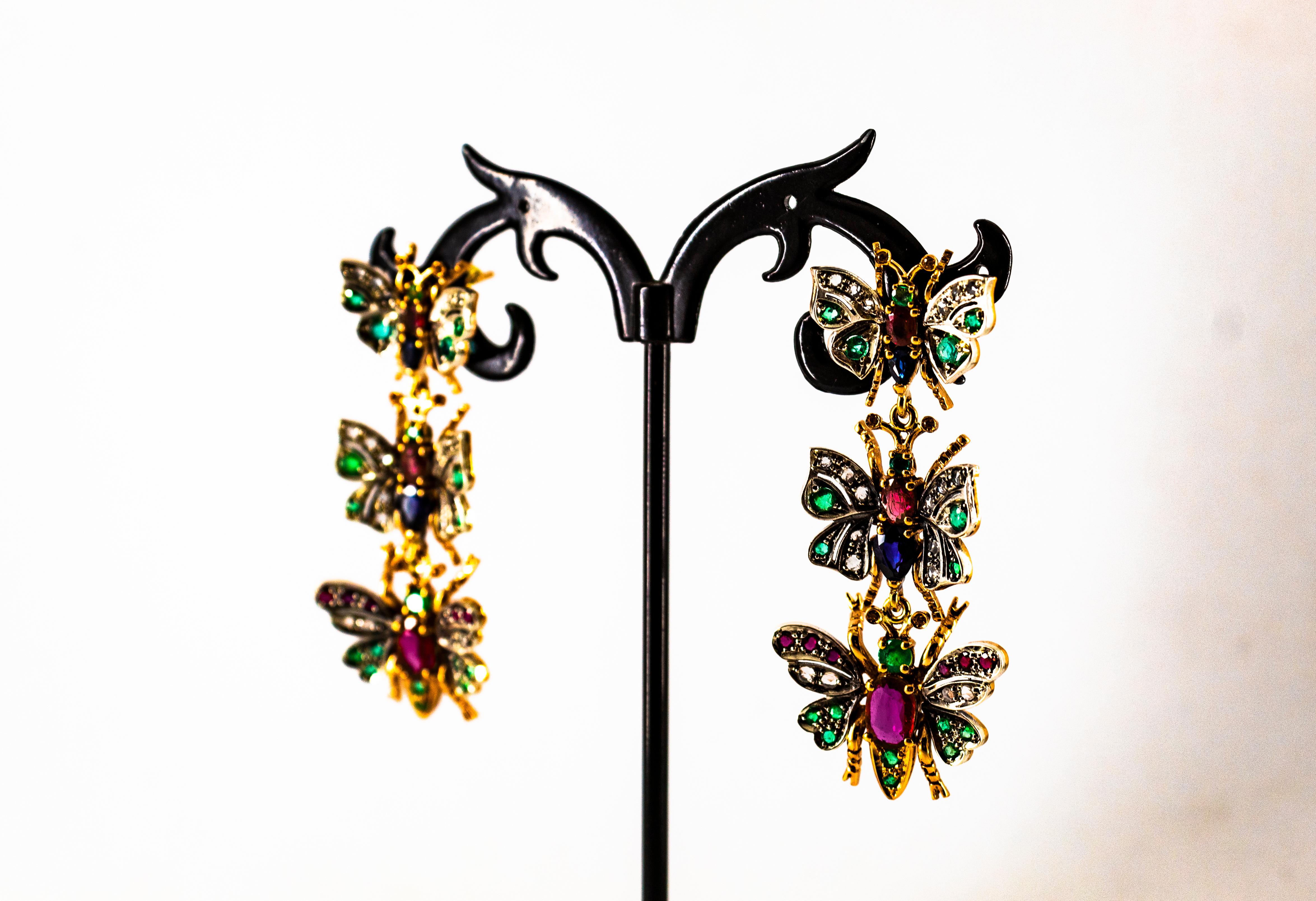 Art Nouveau White Diamond Ruby Emerald Sapphire Yellow Gold Butterflies Earrings For Sale 9