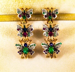 Art Nouveau White Diamond Ruby Emerald Sapphire Yellow Gold Butterflies Earrings