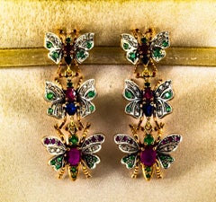 Art Nouveau White Diamond Ruby Emerald Sapphire Yellow Gold Butterflies Earrings