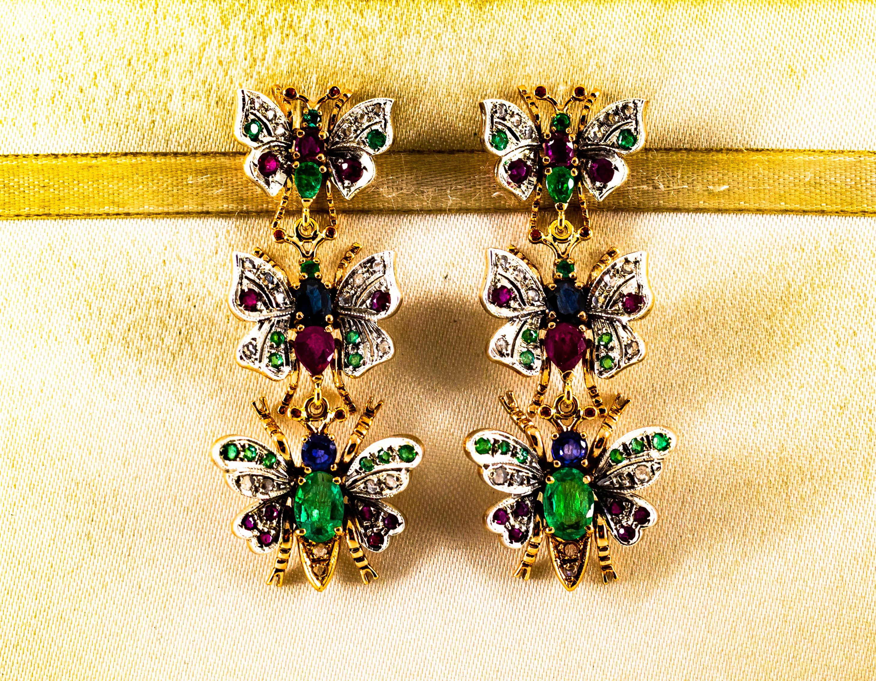 Rose Cut Art Nouveau White Diamond Ruby Emerald Sapphire Yellow Gold Butterflies Earrings For Sale