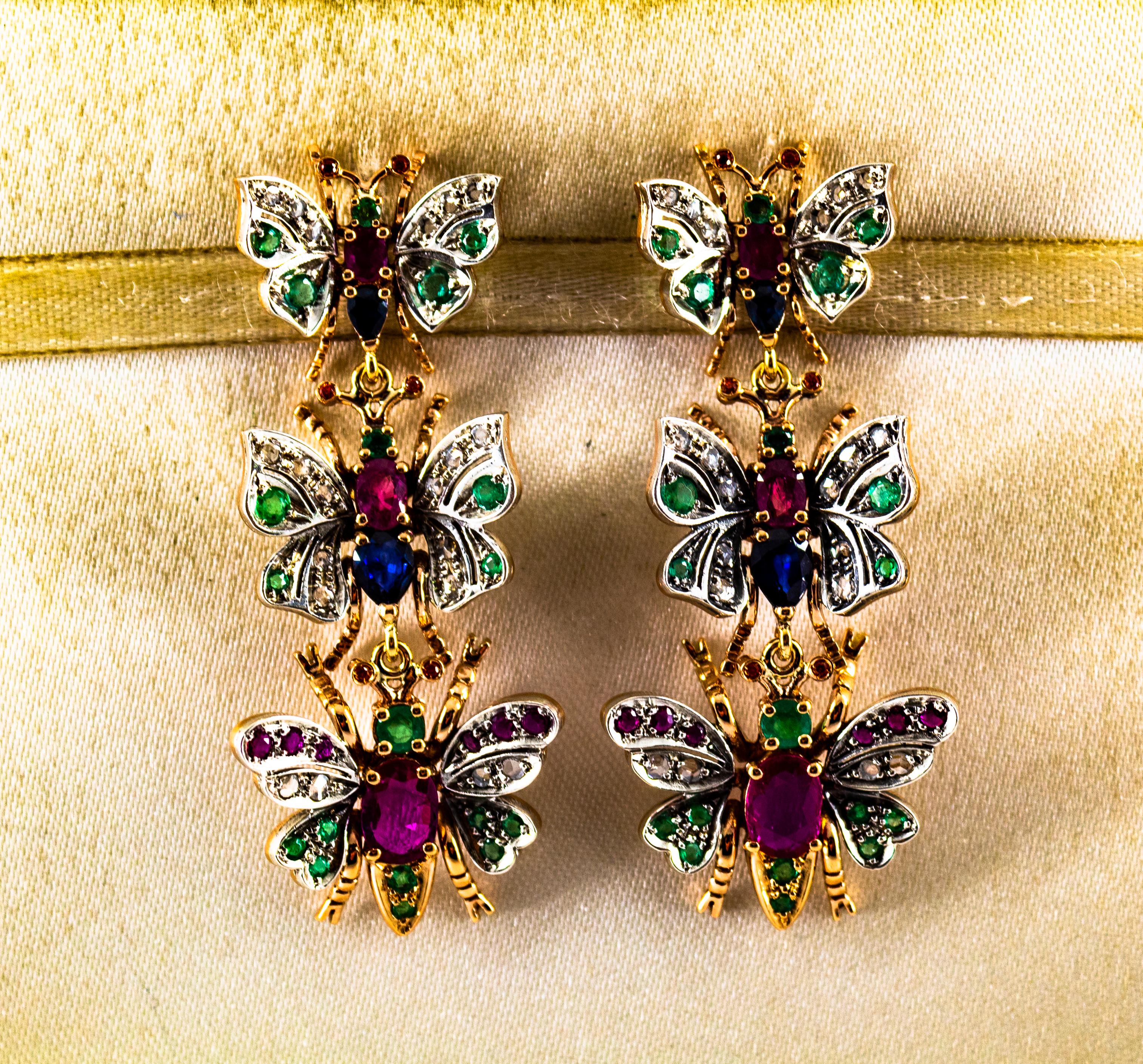 Rose Cut Art Nouveau White Diamond Ruby Emerald Sapphire Yellow Gold Butterflies Earrings For Sale