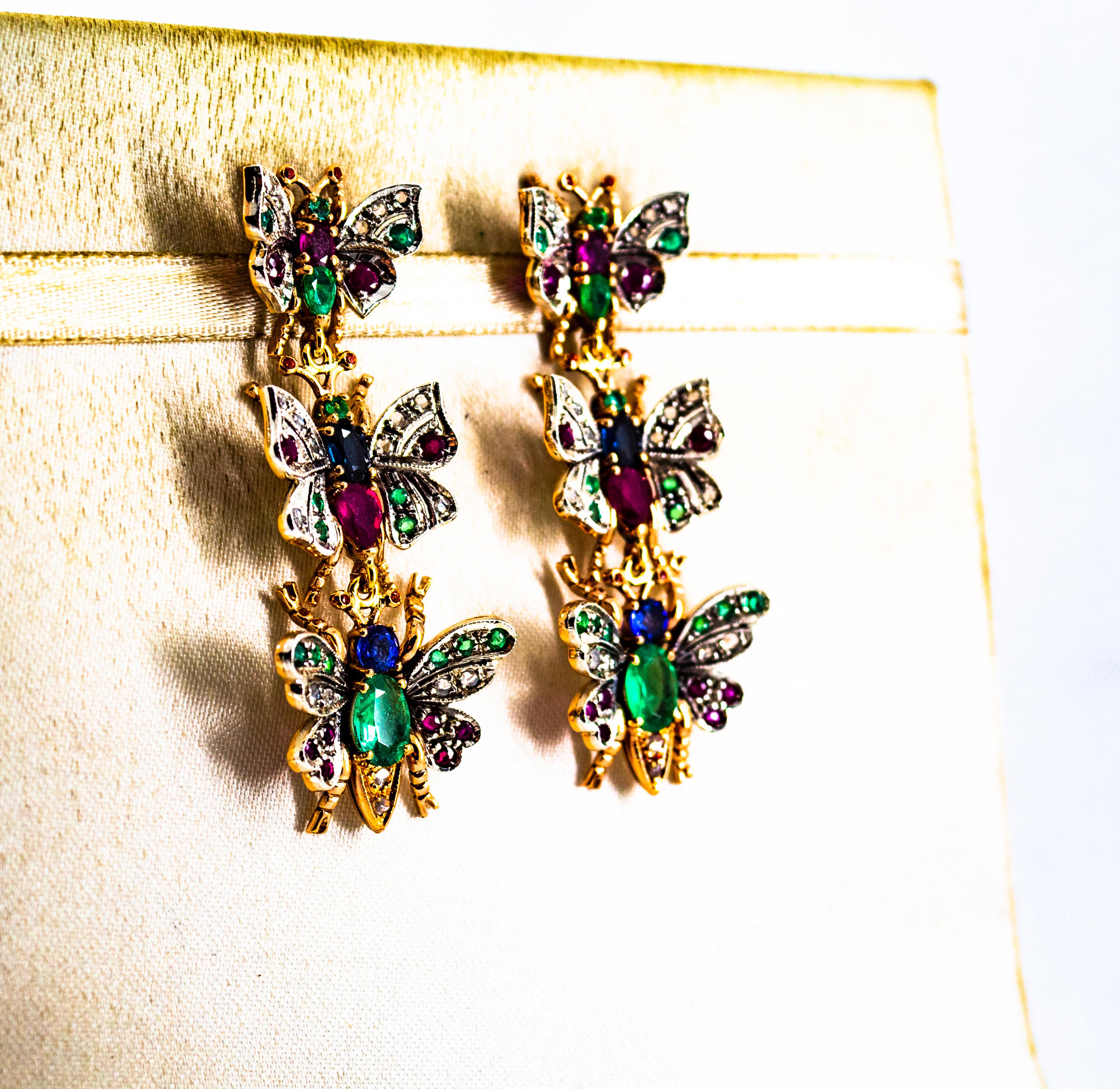 Art Nouveau White Diamond Ruby Emerald Sapphire Yellow Gold Butterflies Earrings In New Condition For Sale In Naples, IT