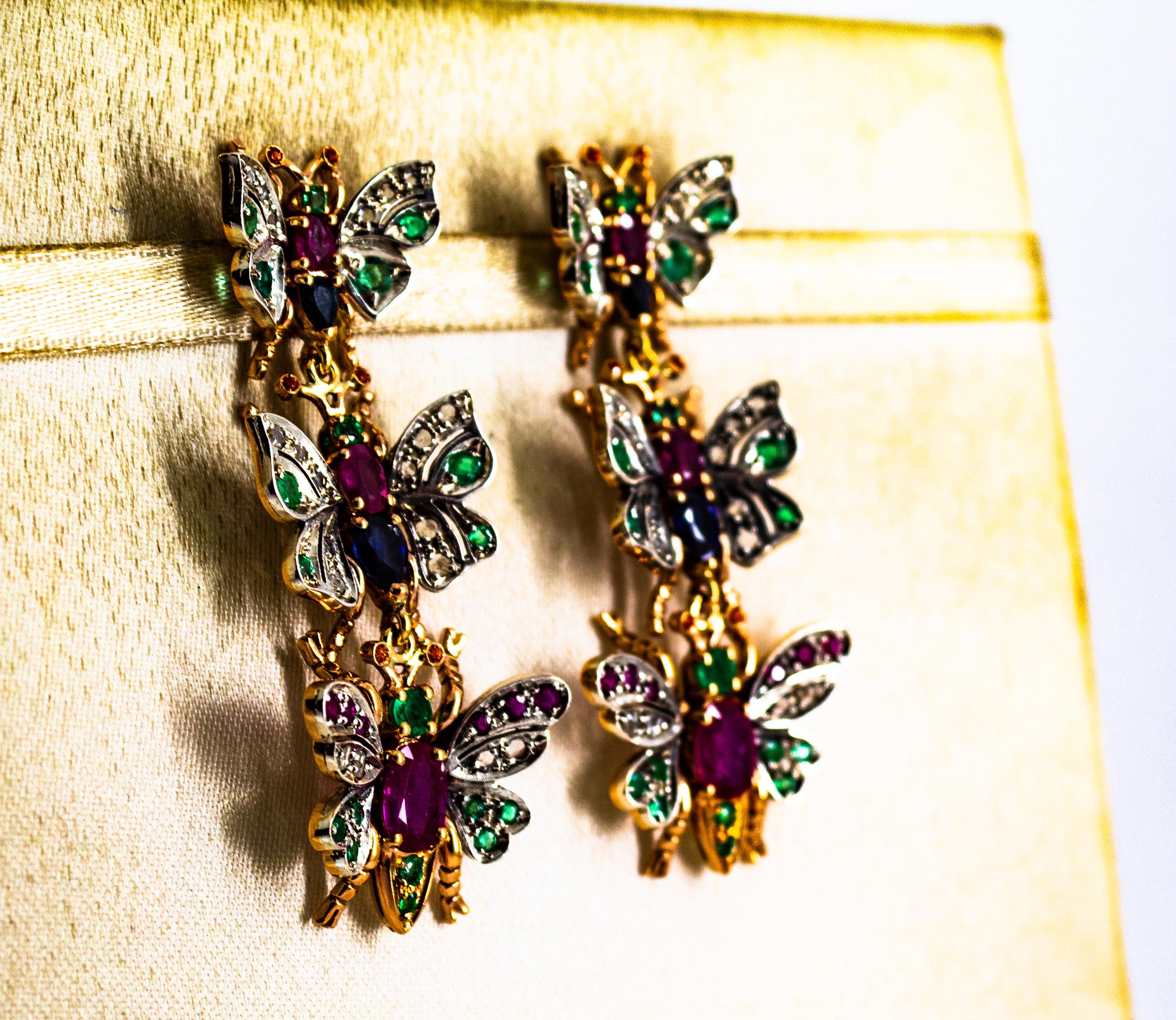 Art Nouveau White Diamond Ruby Emerald Sapphire Yellow Gold Butterflies Earrings In New Condition For Sale In Naples, IT
