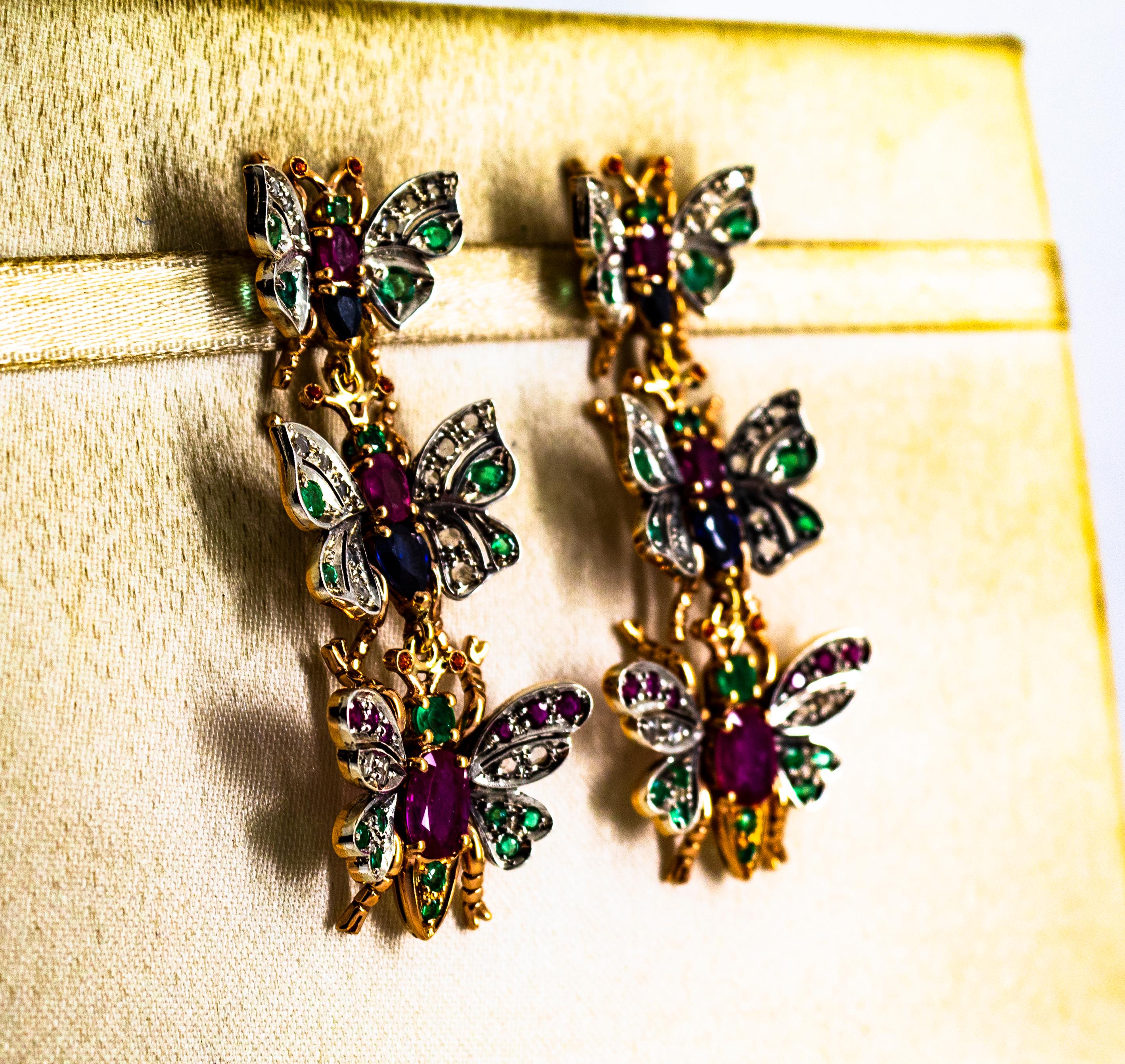 Women's or Men's Art Nouveau White Diamond Ruby Emerald Sapphire Yellow Gold Butterflies Earrings For Sale