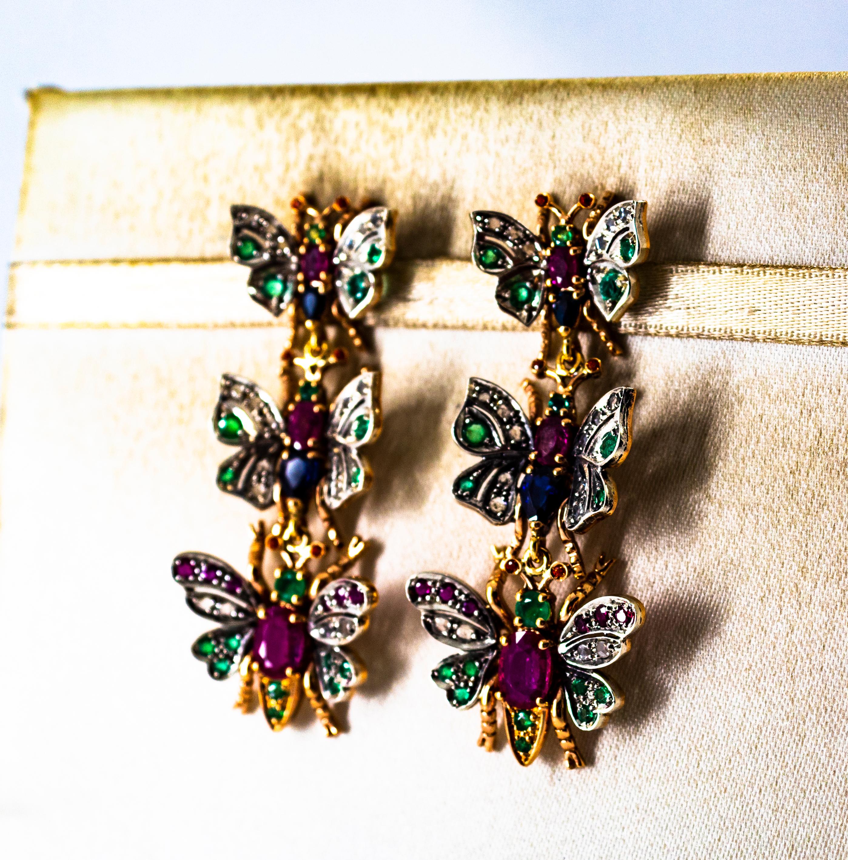 Art Nouveau White Diamond Ruby Emerald Sapphire Yellow Gold Butterflies Earrings For Sale 1