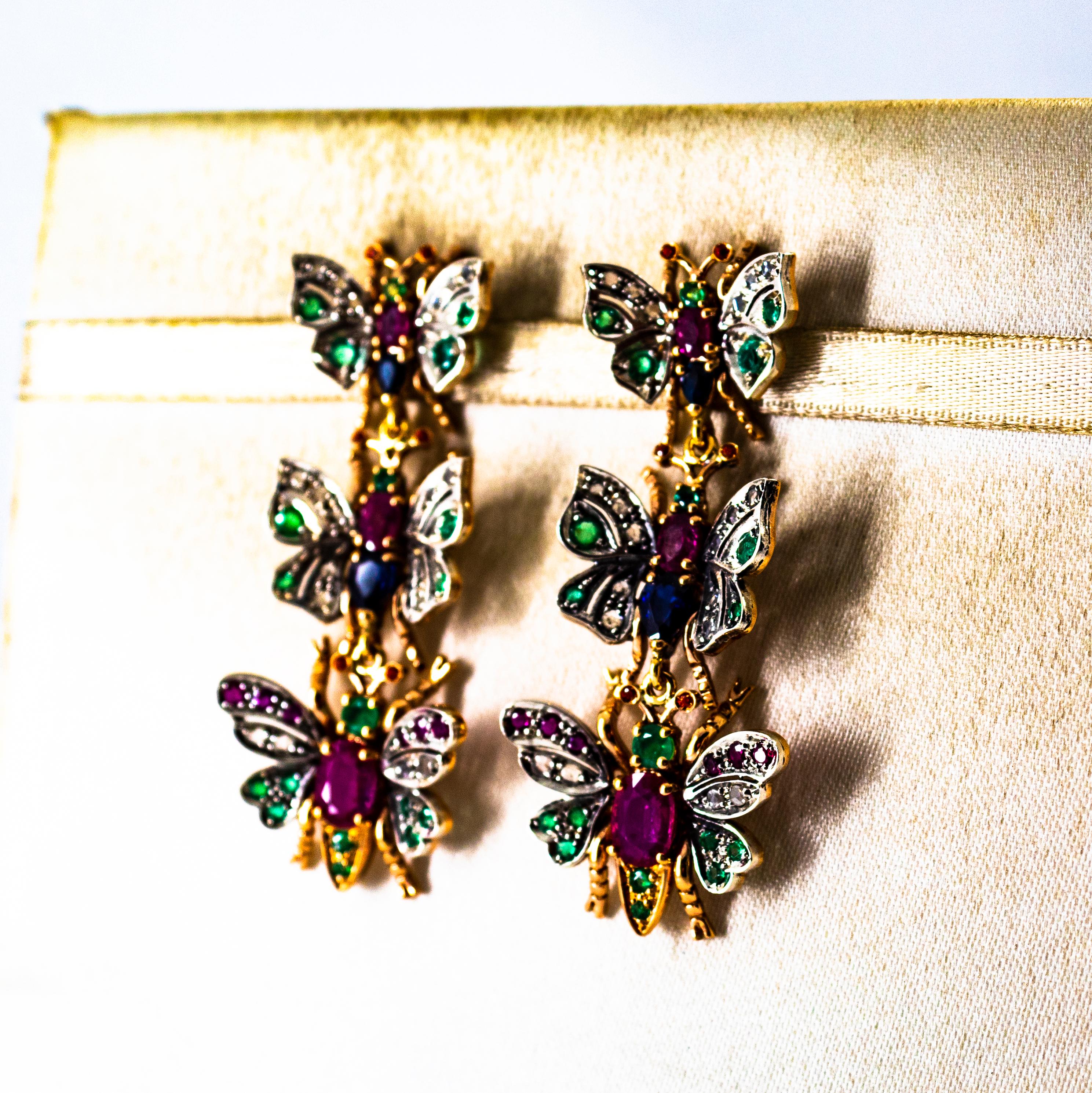 Art Nouveau White Diamond Ruby Emerald Sapphire Yellow Gold Butterflies Earrings For Sale 2