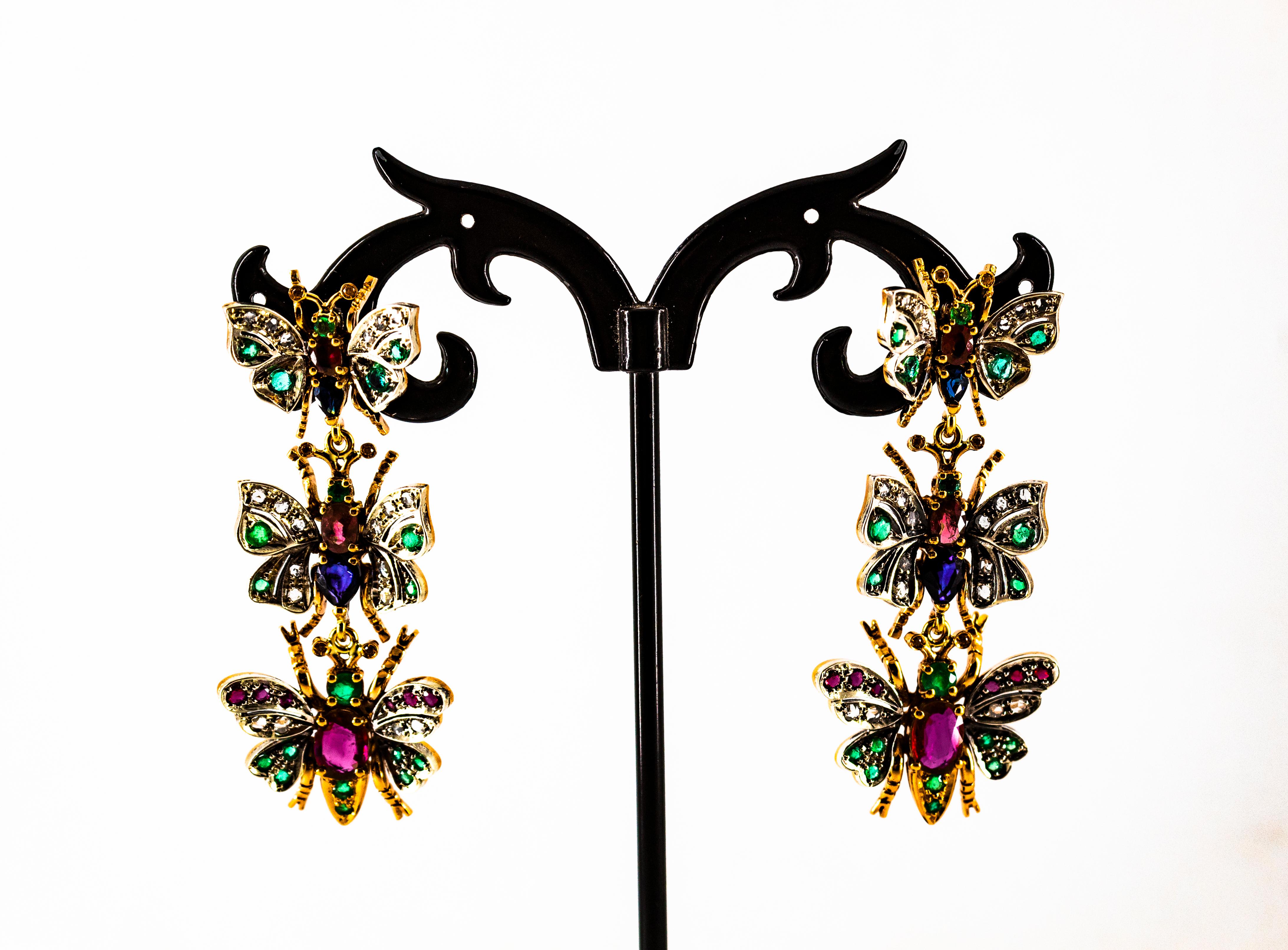 Art Nouveau White Diamond Ruby Emerald Sapphire Yellow Gold Butterflies Earrings For Sale 3