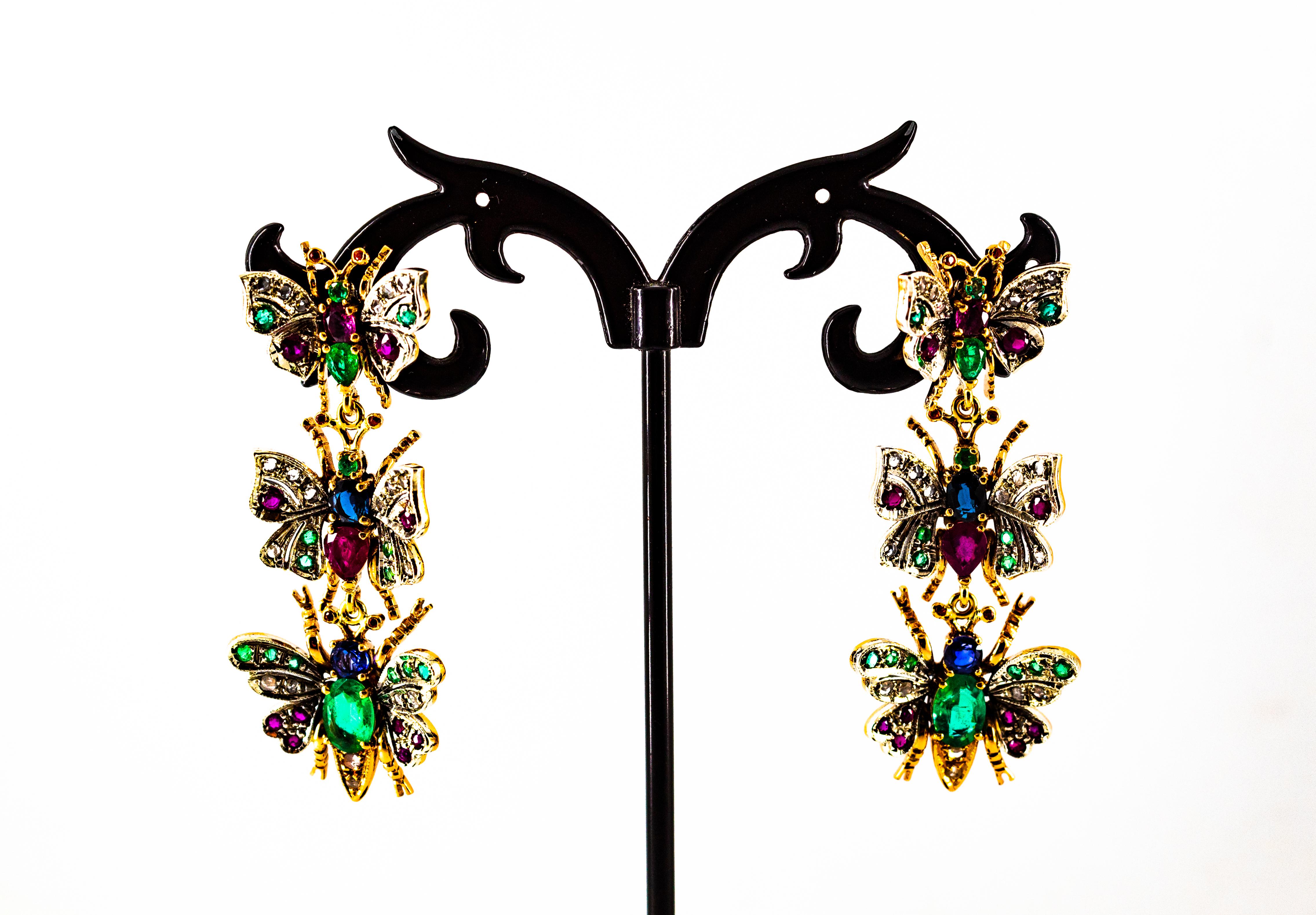 Art Nouveau White Diamond Ruby Emerald Sapphire Yellow Gold Butterflies Earrings For Sale 4