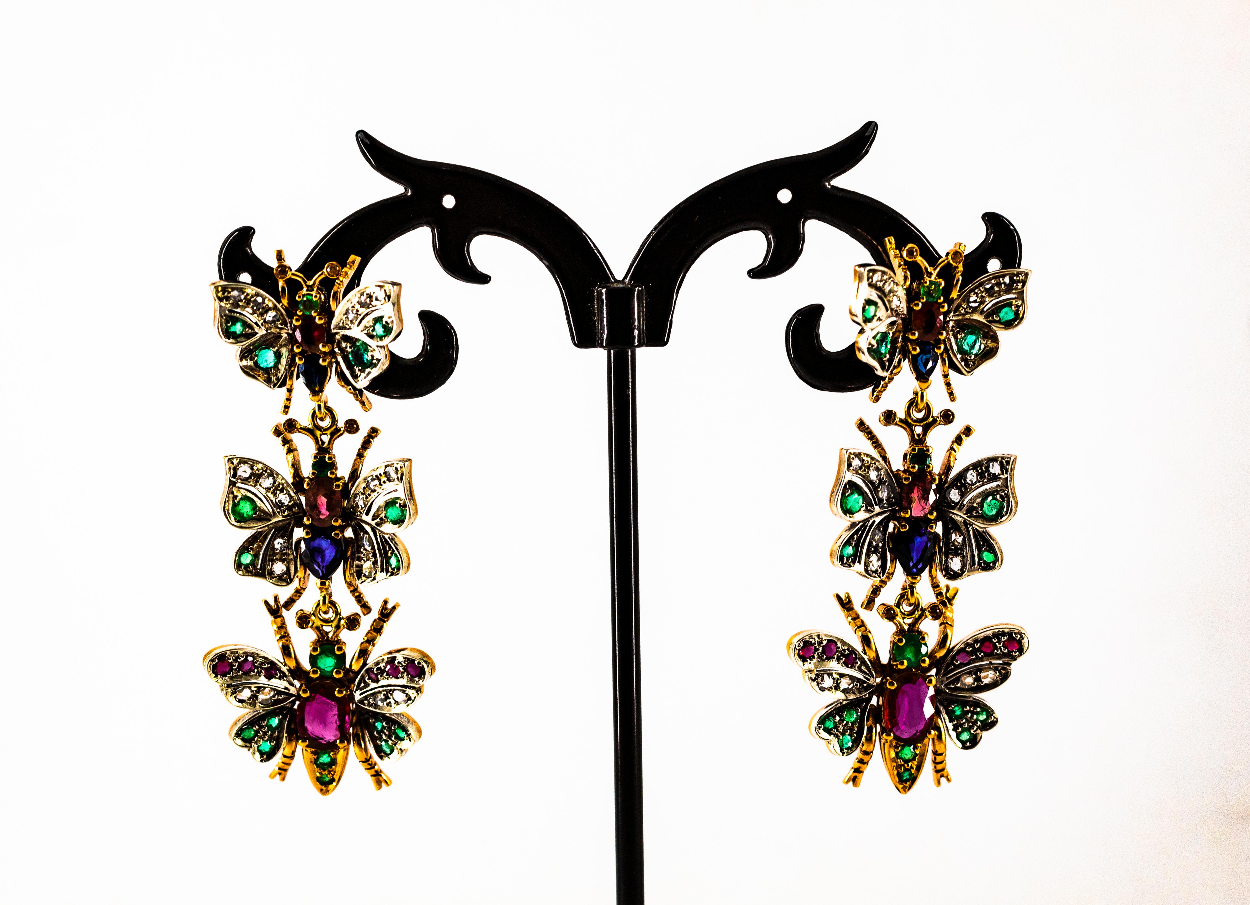 Art Nouveau White Diamond Ruby Emerald Sapphire Yellow Gold Butterflies Earrings For Sale 4