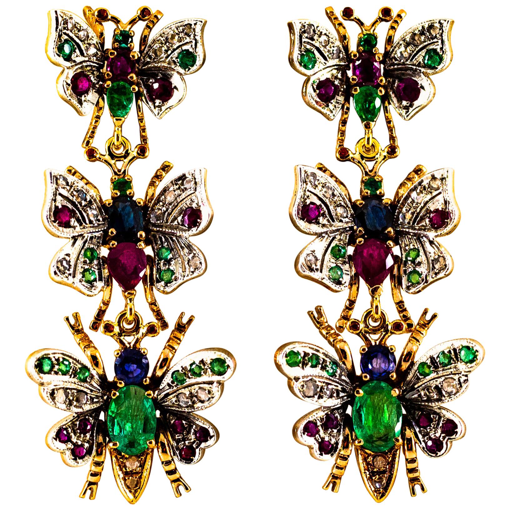 Art Nouveau White Diamond Ruby Emerald Sapphire Yellow Gold Butterflies Earrings