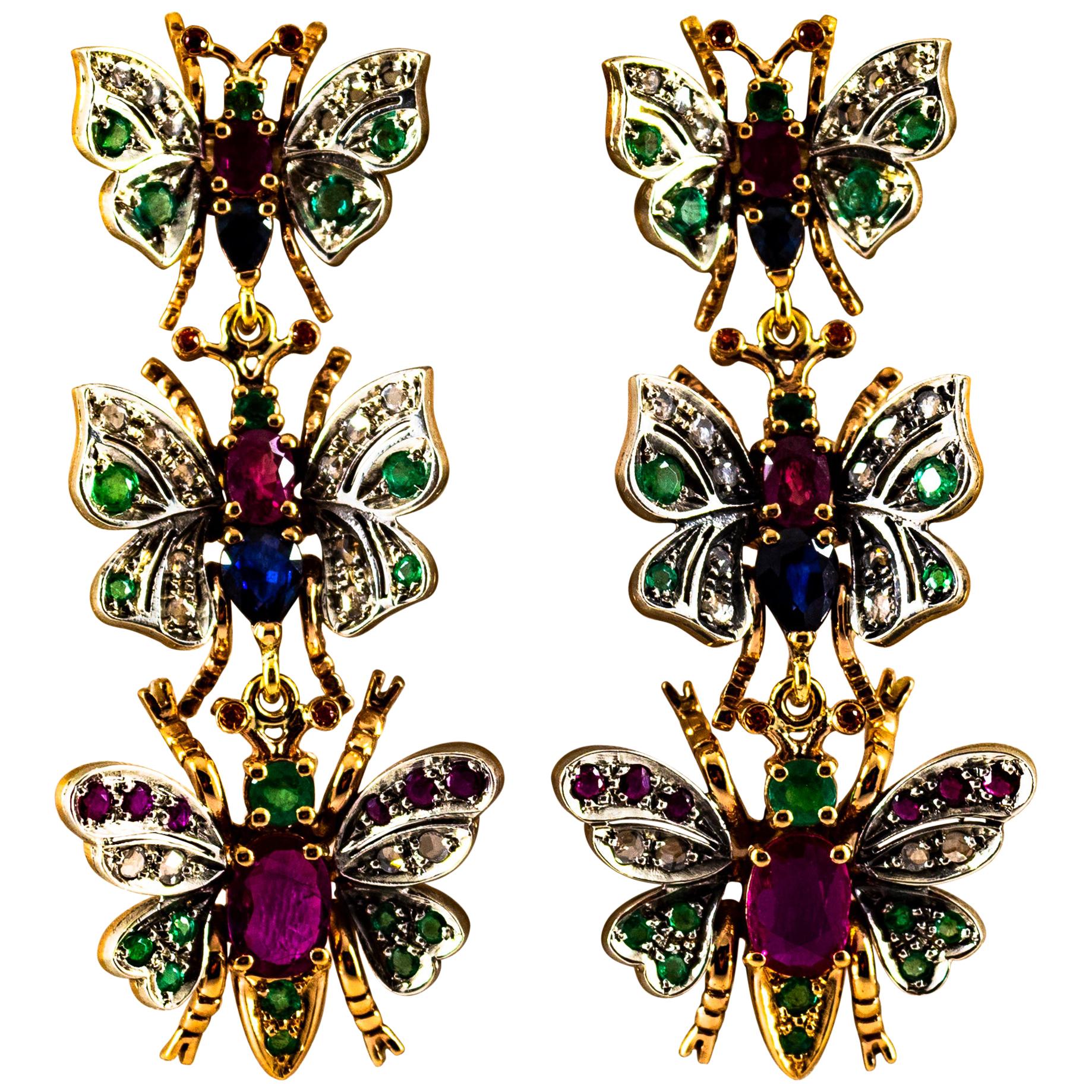 Art Nouveau White Diamond Ruby Emerald Sapphire Yellow Gold Butterflies Earrings