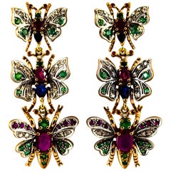 Art Nouveau Pendientes Mariposas Diamante Blanco Rubí Esmeralda Zafiro Oro Amarillo