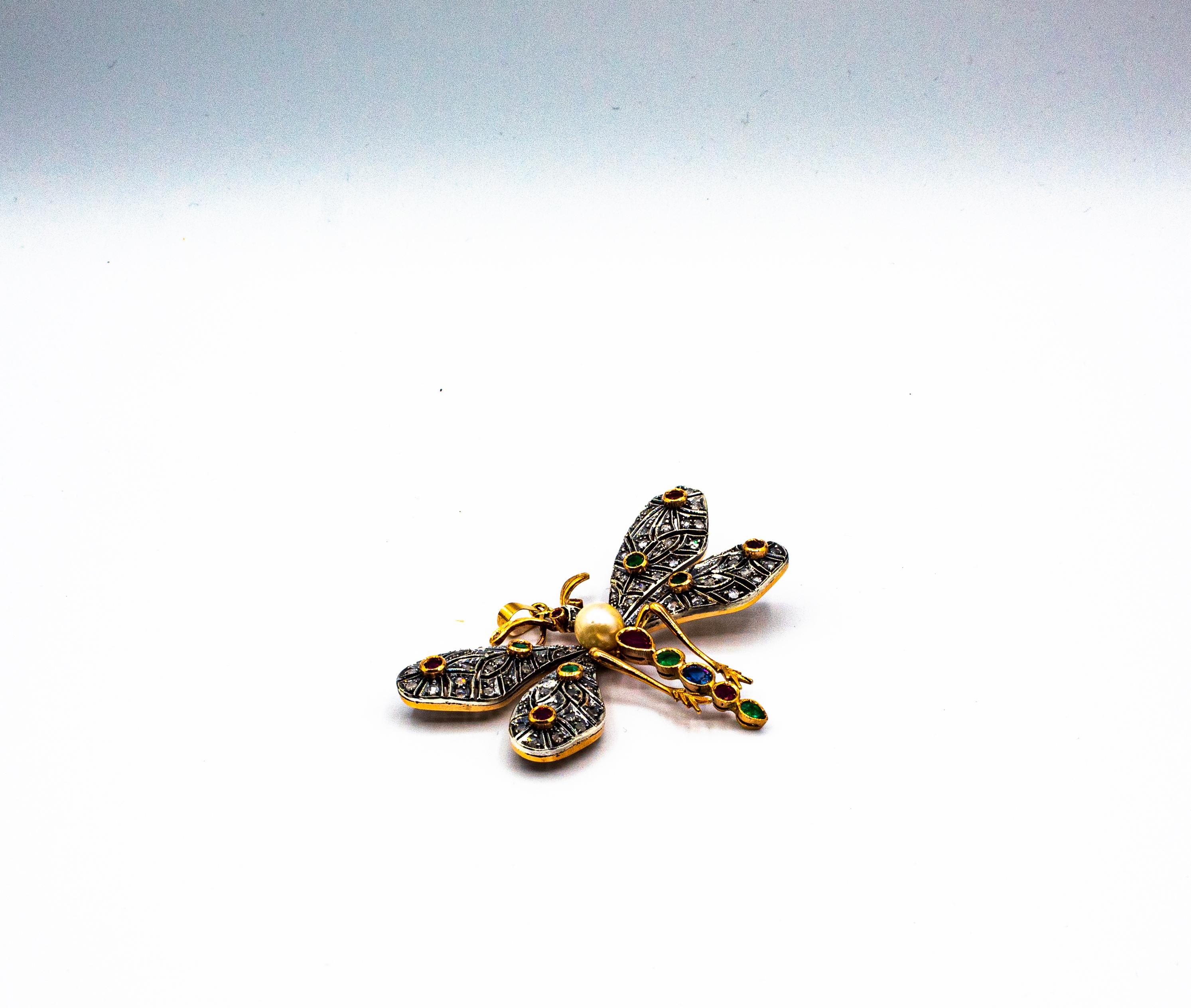 Pendentif « papillon » Art Nouveau en or jaune avec diamant blanc, rubis, émeraude et saphir 4