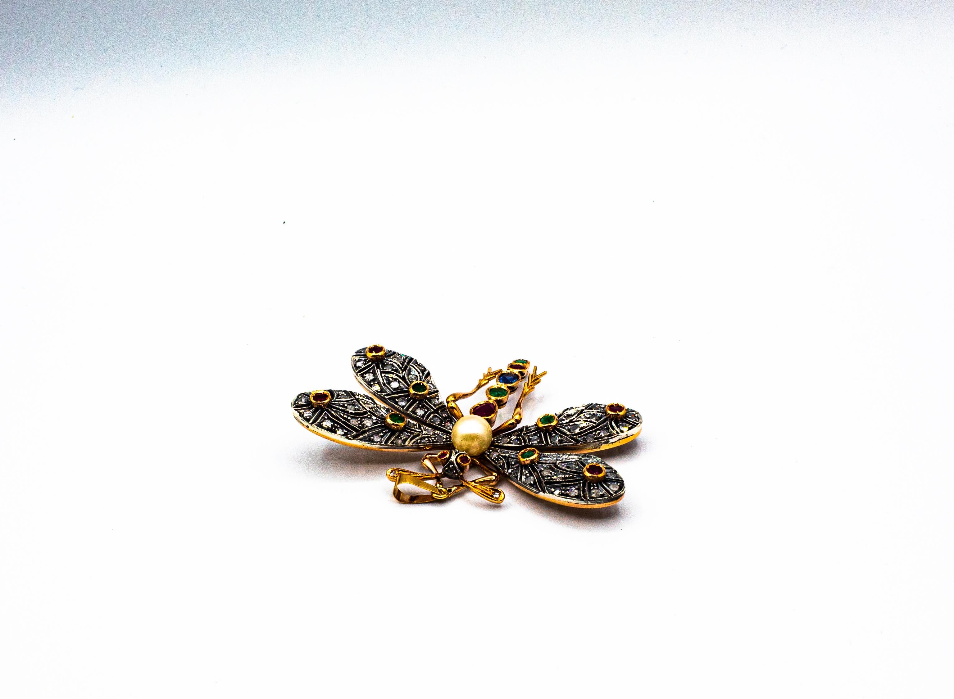 Pendentif « papillon » Art Nouveau en or jaune avec diamant blanc, rubis, émeraude et saphir 5