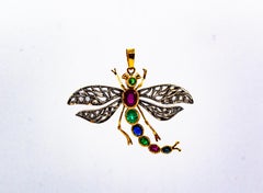Art Nouveau White Diamond Ruby Emerald Sapphire Yellow Gold "Butterfly" Pendant