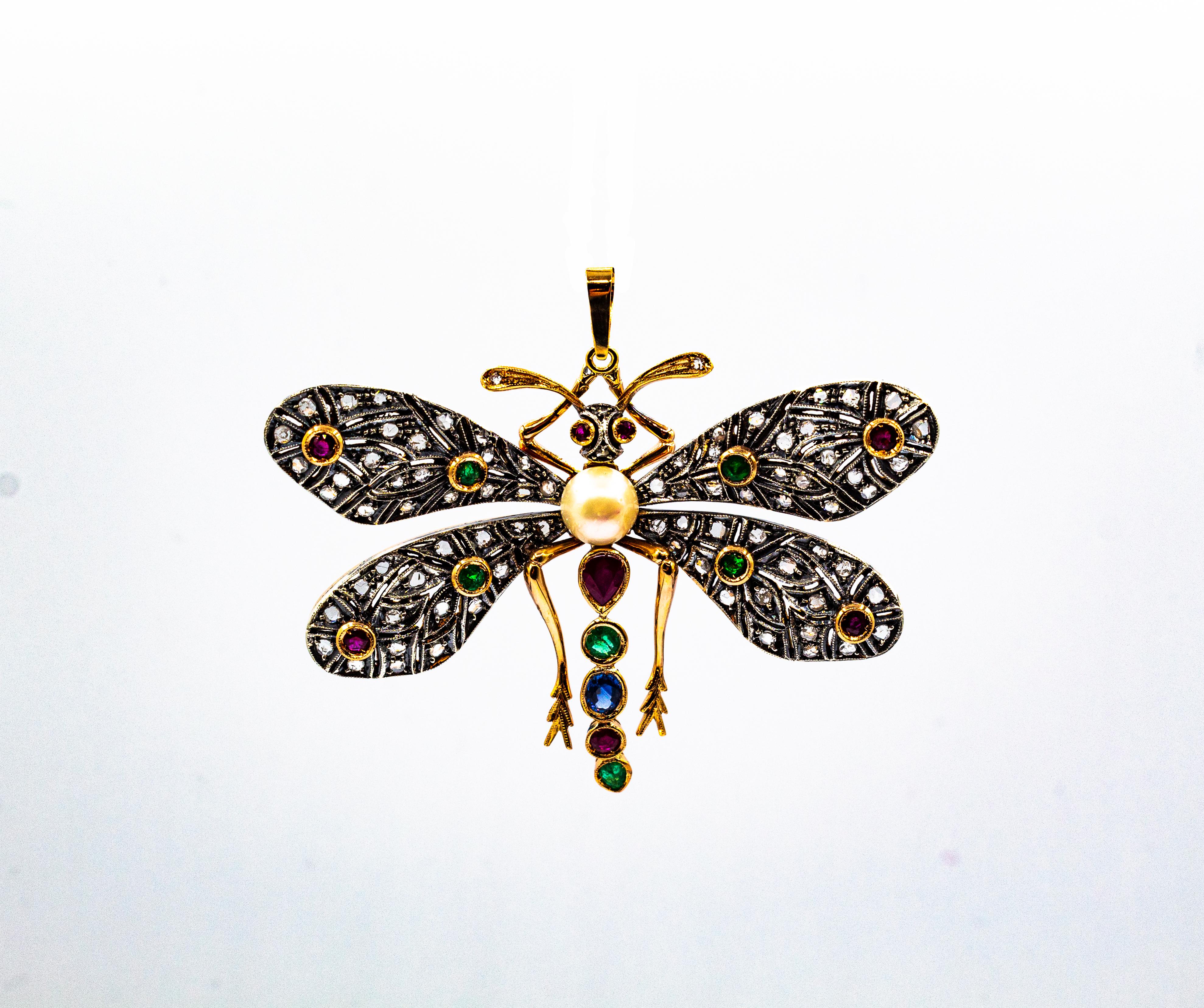 Art nouveau Pendentif « papillon » Art Nouveau en or jaune avec diamant blanc, rubis, émeraude et saphir