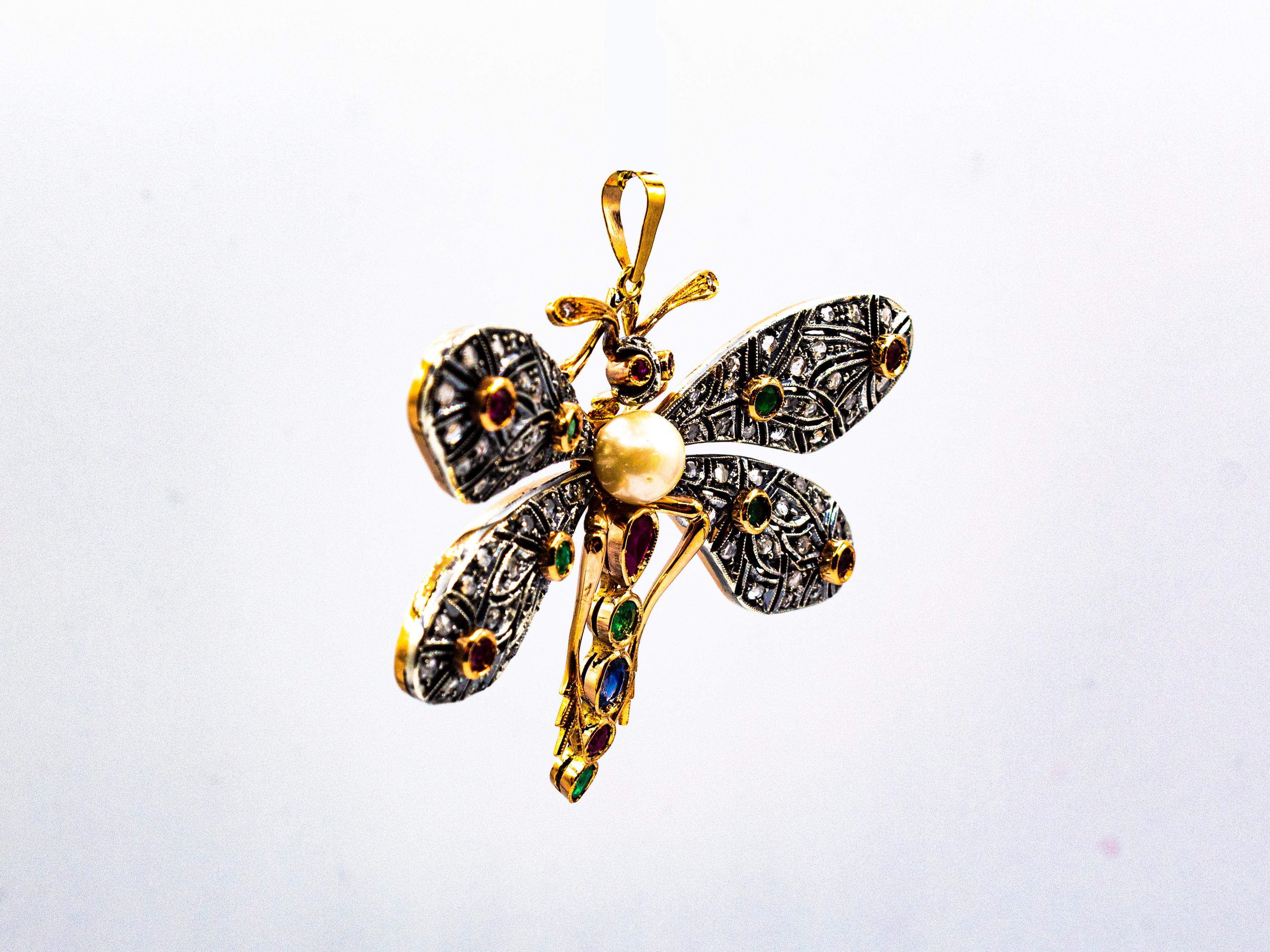 Taille brillant Pendentif « papillon » Art Nouveau en or jaune avec diamant blanc, rubis, émeraude et saphir