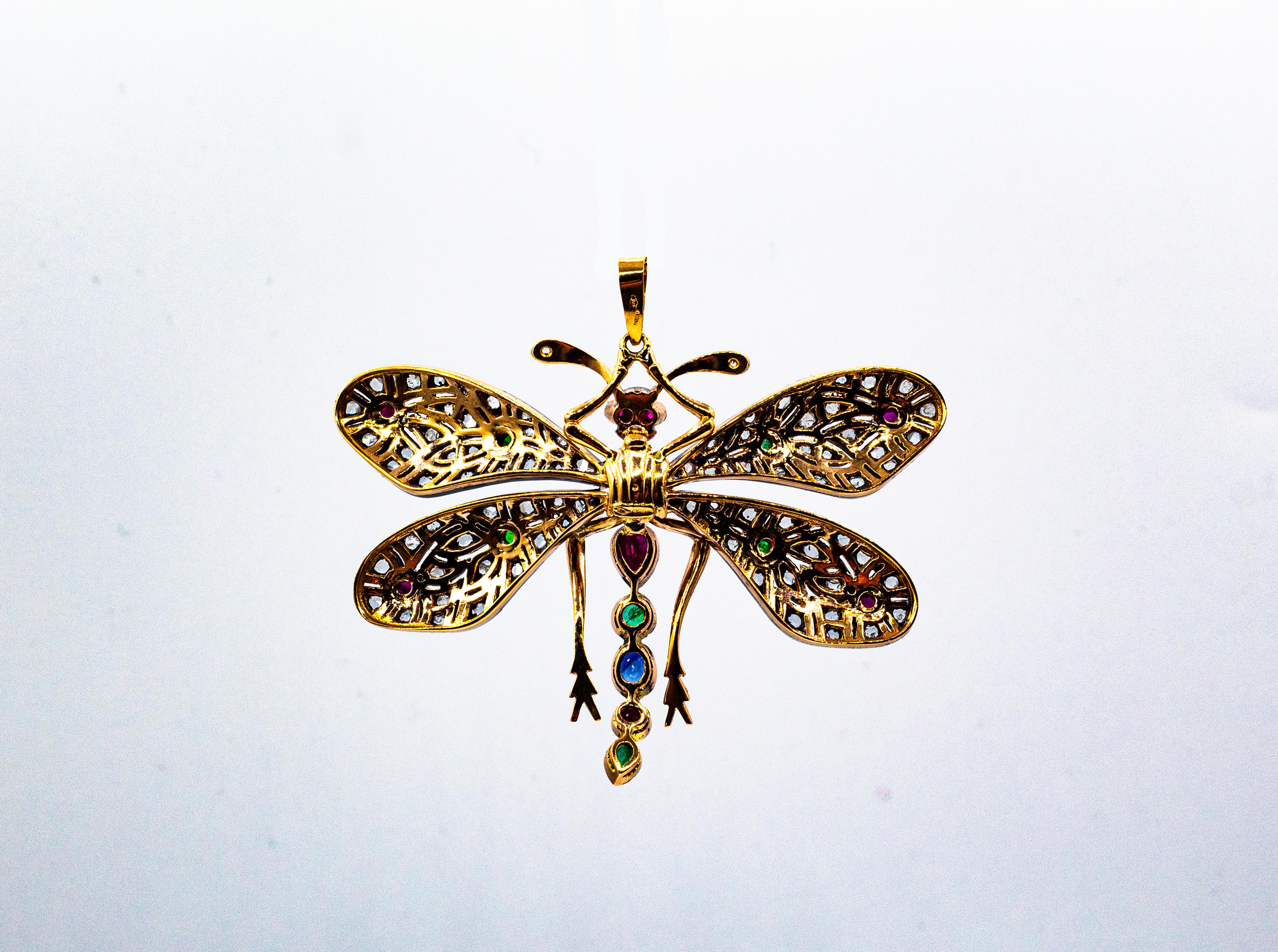 Pendentif « papillon » Art Nouveau en or jaune avec diamant blanc, rubis, émeraude et saphir Neuf à Naples, IT