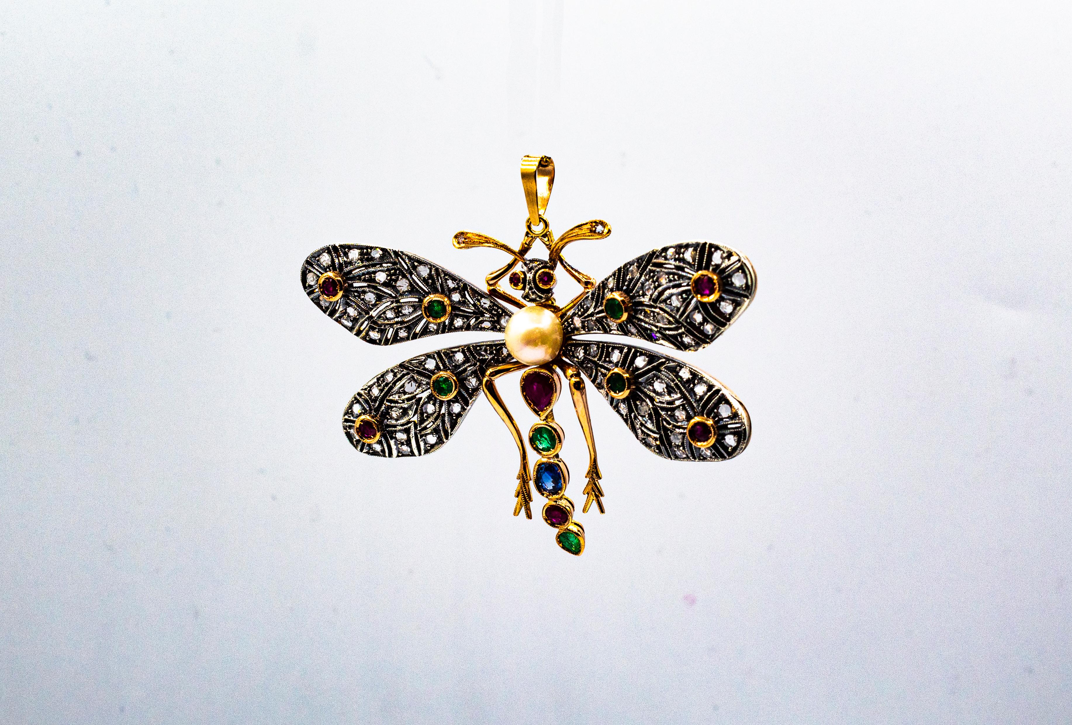  Pendentif « papillon » Art Nouveau en or jaune avec diamant blanc, rubis, émeraude et saphir Unisexe 