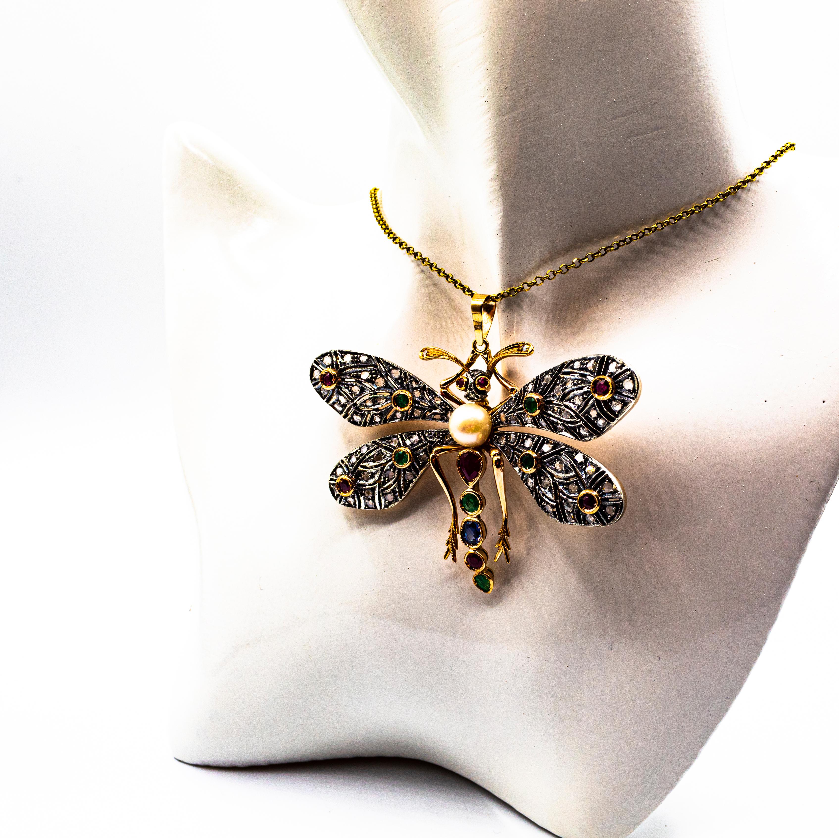 Pendentif « papillon » Art Nouveau en or jaune avec diamant blanc, rubis, émeraude et saphir 1