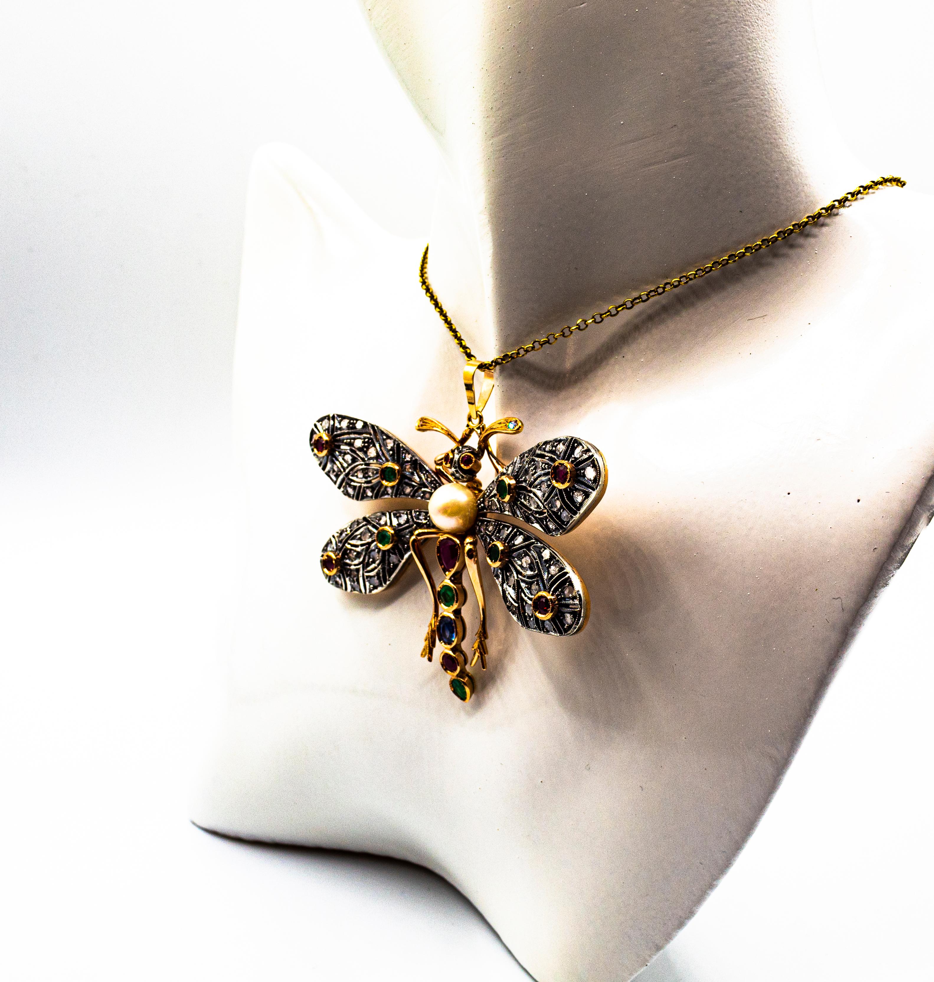 Pendentif « papillon » Art Nouveau en or jaune avec diamant blanc, rubis, émeraude et saphir 2