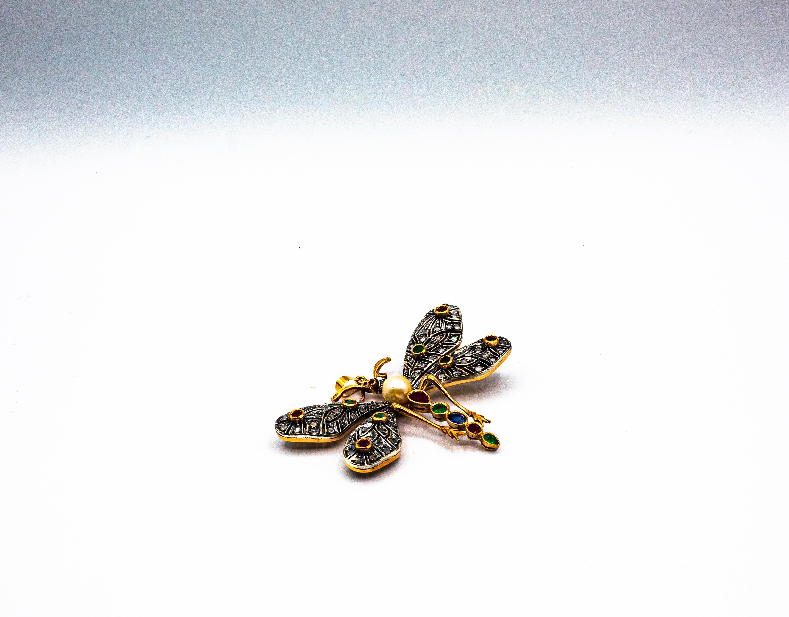 Pendentif « papillon » Art Nouveau en or jaune avec diamant blanc, rubis, émeraude et saphir 3