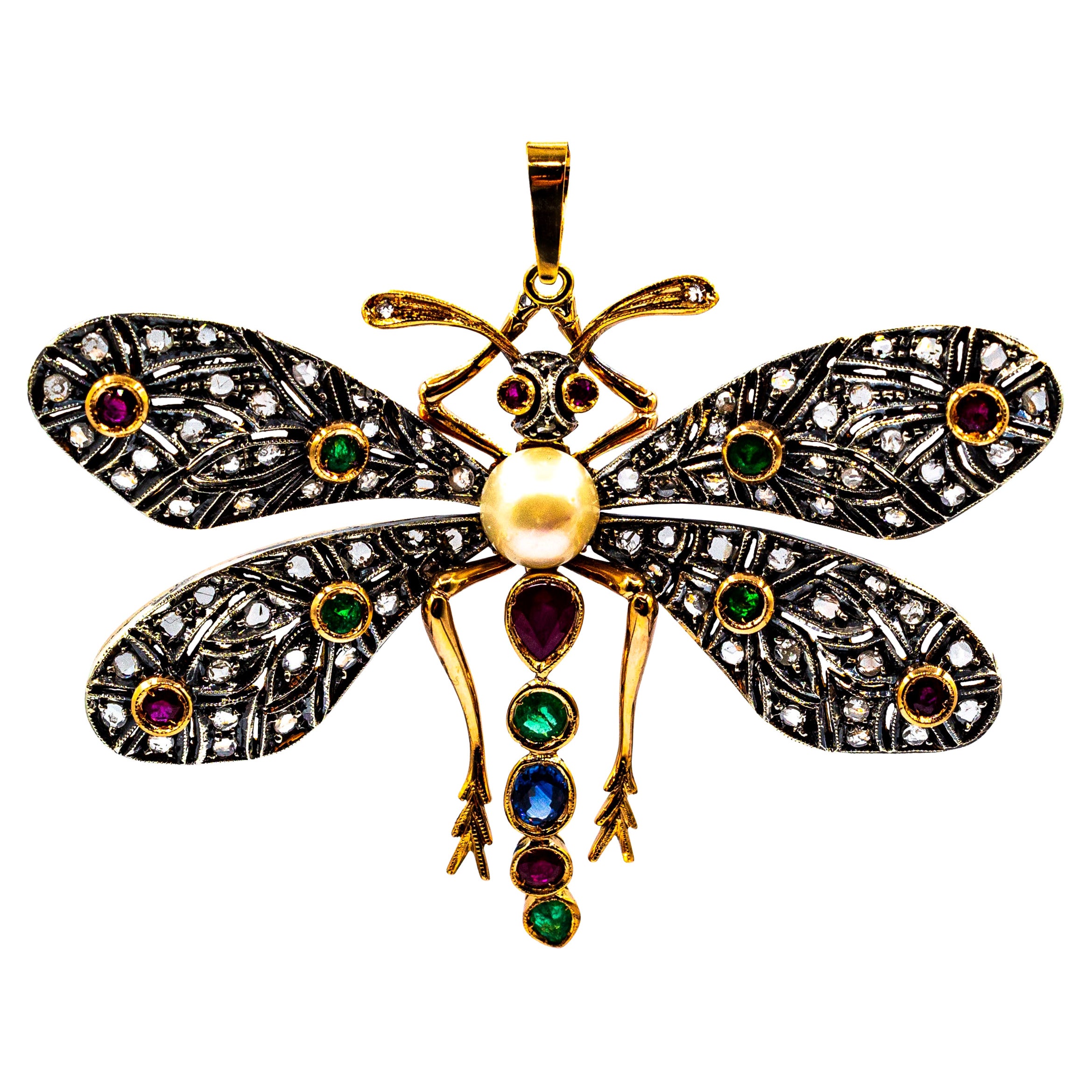 Pendentif « papillon » Art Nouveau en or jaune avec diamant blanc, rubis, émeraude et saphir