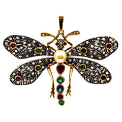 Pendentif « papillon » Art Nouveau en or jaune avec diamant blanc, rubis, émeraude et saphir