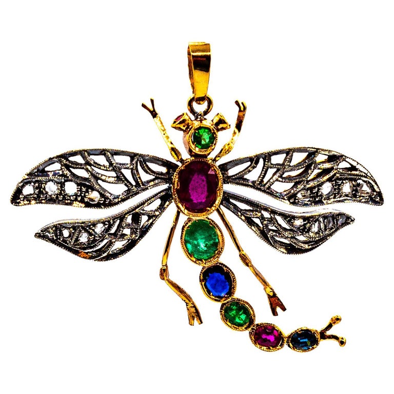 Art Nouveau White Diamond Ruby Emerald Sapphire Yellow Gold "Butterfly" Pendant For Sale