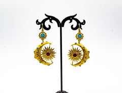 Art Nouveau White Diamond Ruby Emerald Turquoise Yellow Gold "Moon" Earrings