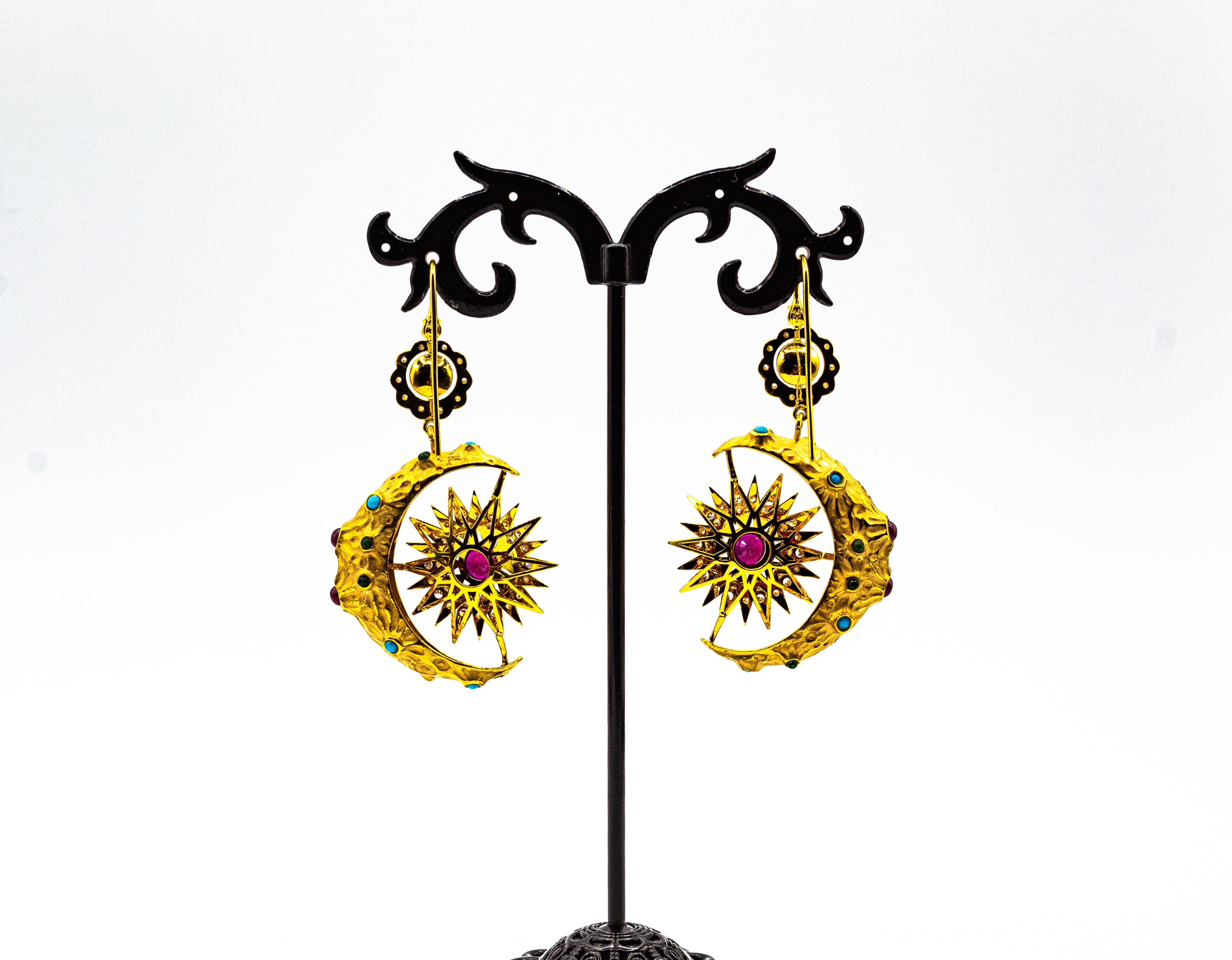Round Cut Art Nouveau White Diamond Ruby Emerald Turquoise Yellow Gold 