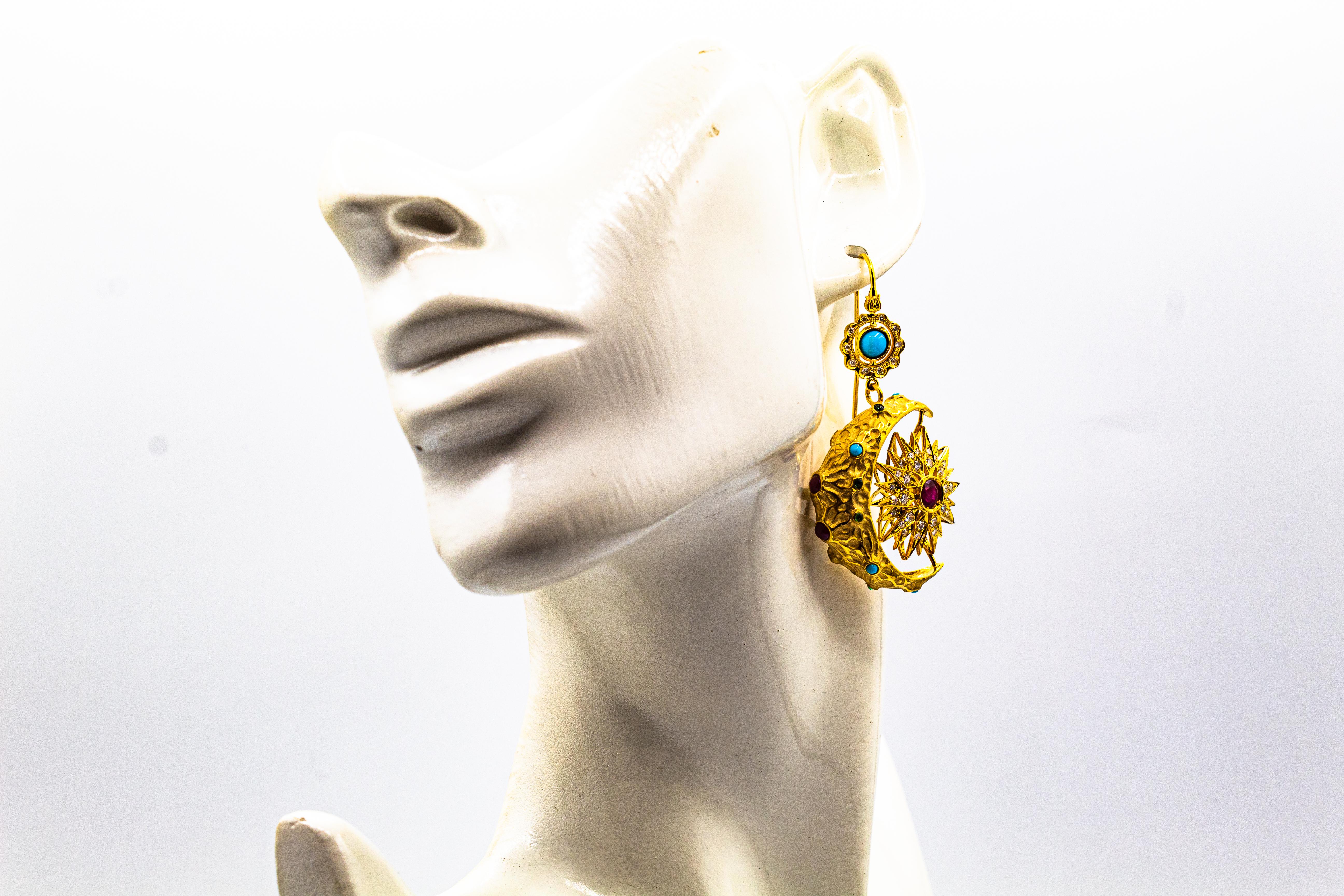 Women's or Men's Art Nouveau White Diamond Ruby Emerald Turquoise Yellow Gold 