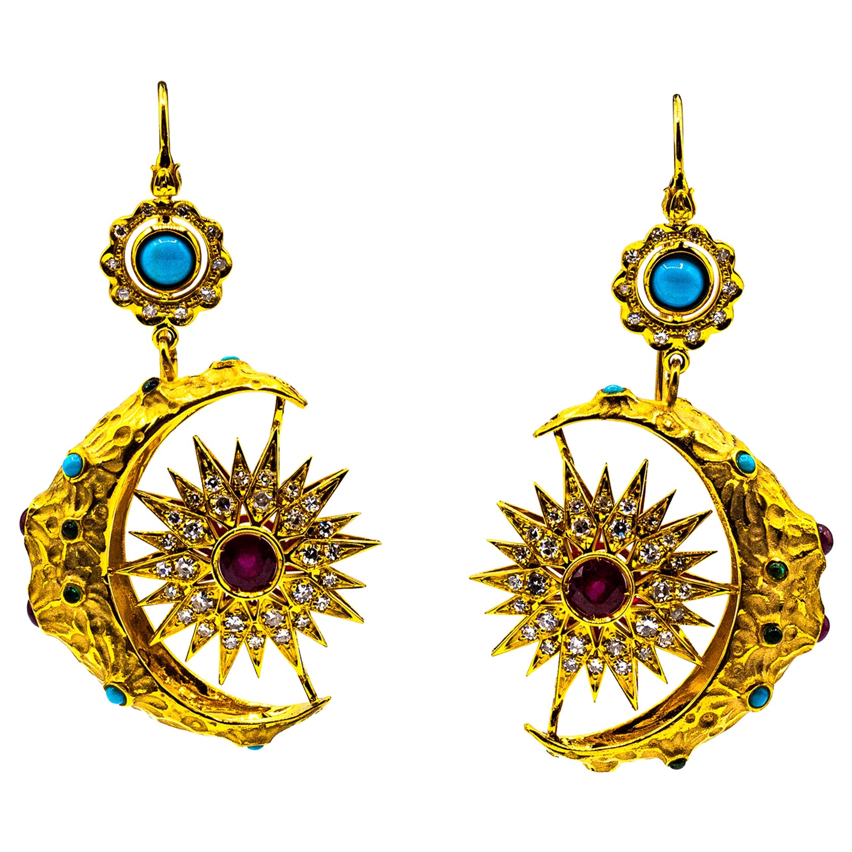 Art Nouveau White Diamond Ruby Emerald Turquoise Yellow Gold "Moon" Earrings For Sale