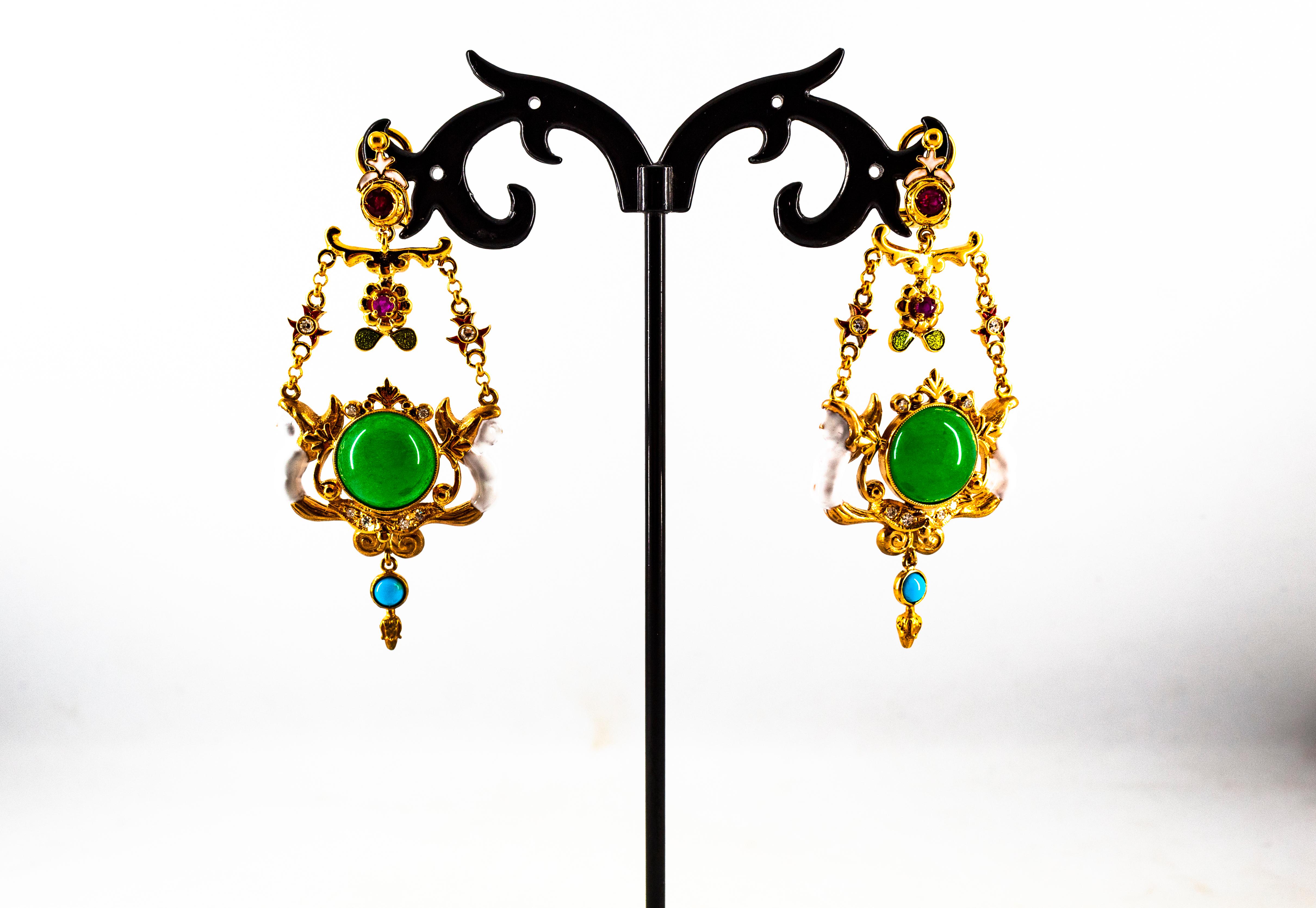 Art Nouveau White Diamond Ruby Jade Turquoise Yellow Gold Drop Clip-On Earrings For Sale 6