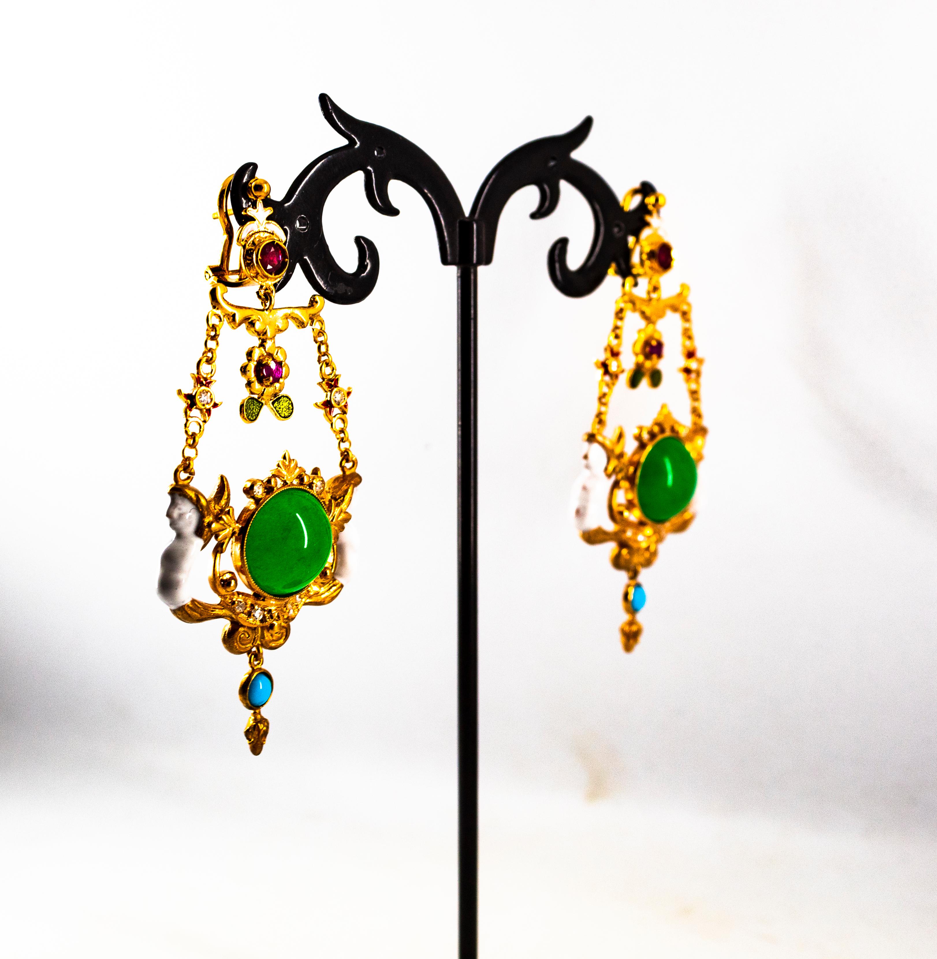 Art Nouveau White Diamond Ruby Jade Turquoise Yellow Gold Drop Clip-On Earrings For Sale 8
