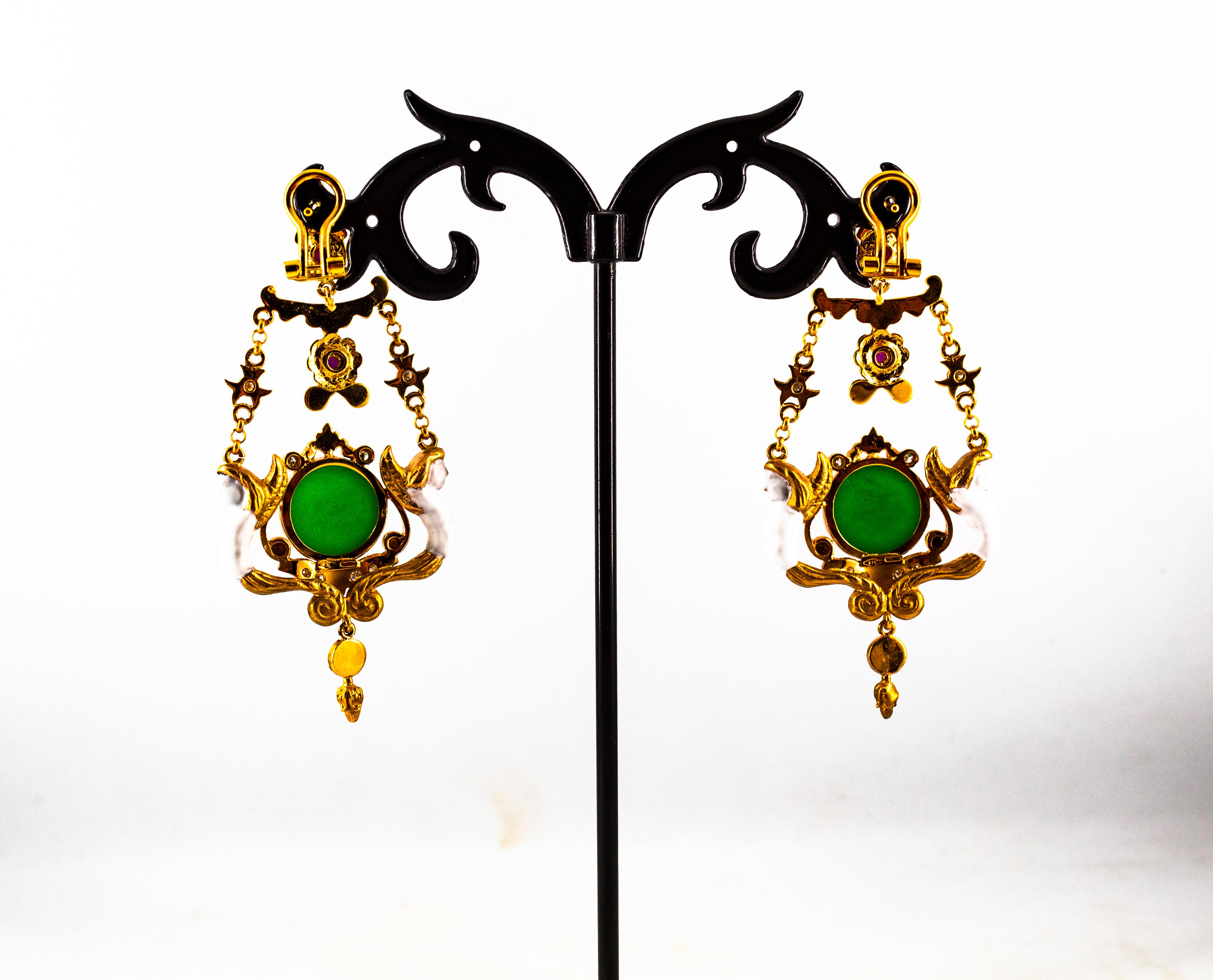 Art Nouveau White Diamond Ruby Jade Turquoise Yellow Gold Drop Clip-On Earrings For Sale 9