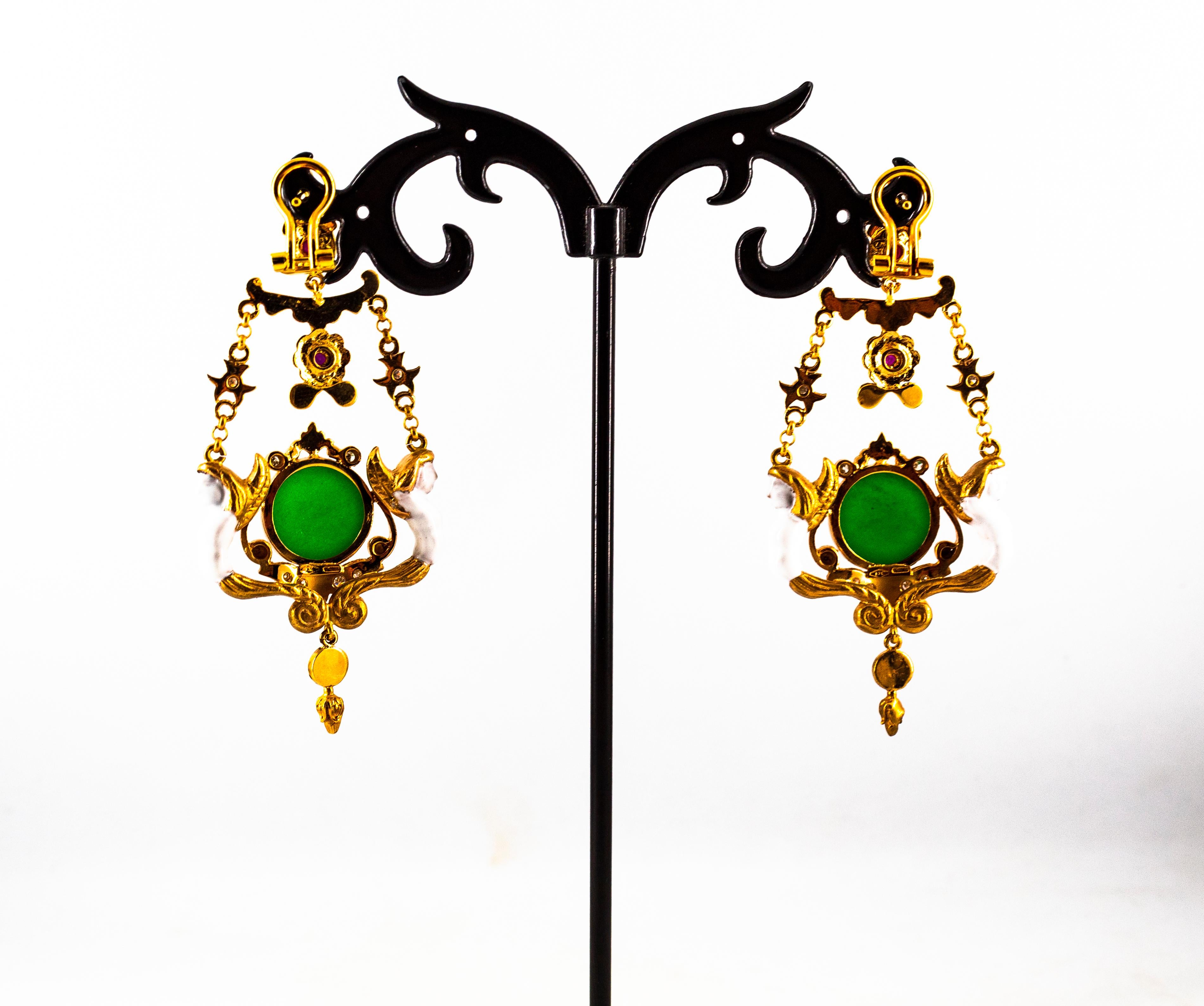 Art Nouveau White Diamond Ruby Jade Turquoise Yellow Gold Drop Clip-On Earrings For Sale 10