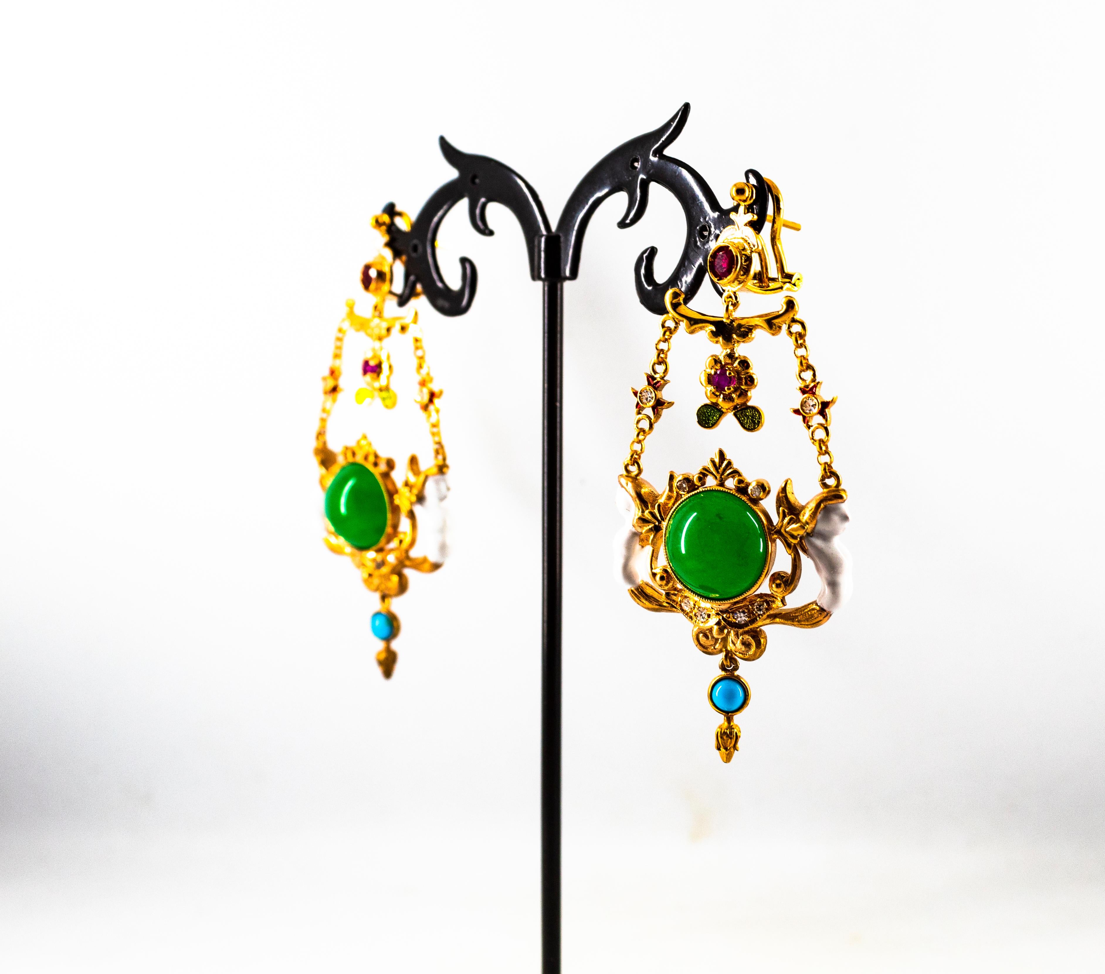 Art Nouveau White Diamond Ruby Jade Turquoise Yellow Gold Drop Clip-On Earrings For Sale 11
