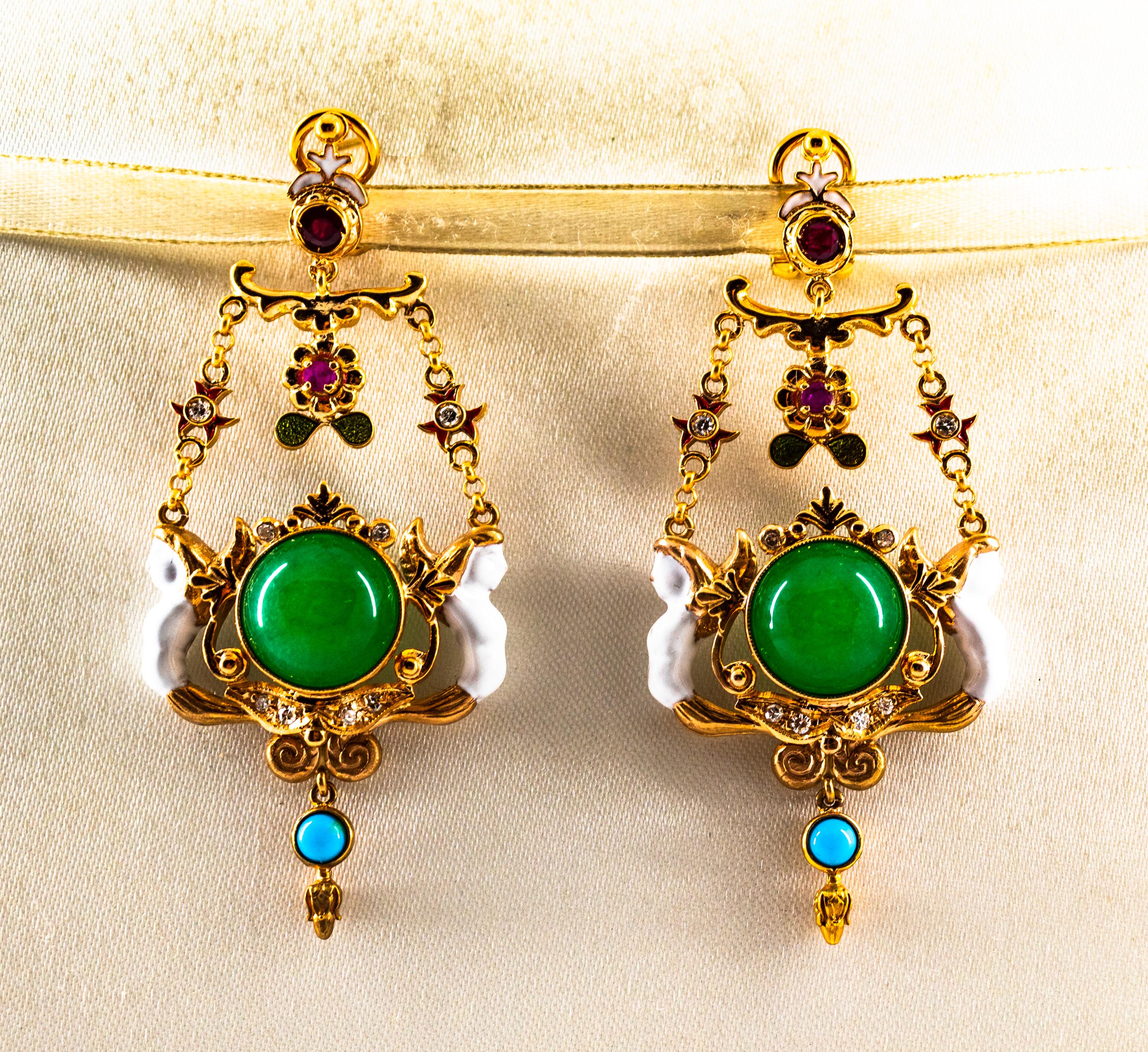 These Earrings are made of 9K Yellow Gold.
These Earrings have  0.30 Carats of White Modern Round Cut Diamonds.
These Earrings have 0.50 Carats of Rubies.
These Earrings have Jade and Turquoise.
These Earrings have also Enamel.
All our Earrings have