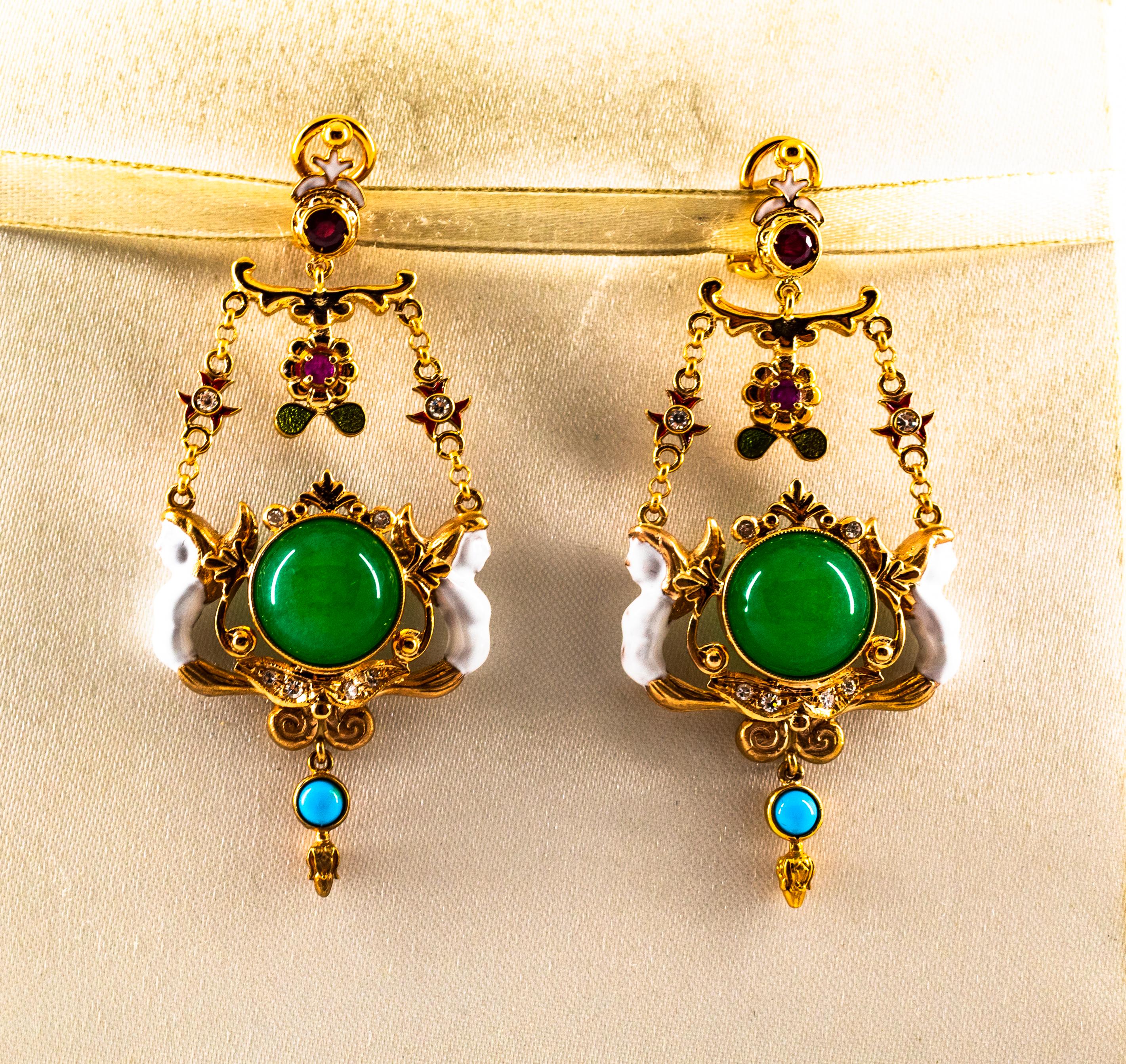 Art Nouveau White Diamond Ruby Jade Turquoise Yellow Gold Drop Clip-On Earrings In New Condition For Sale In Naples, IT