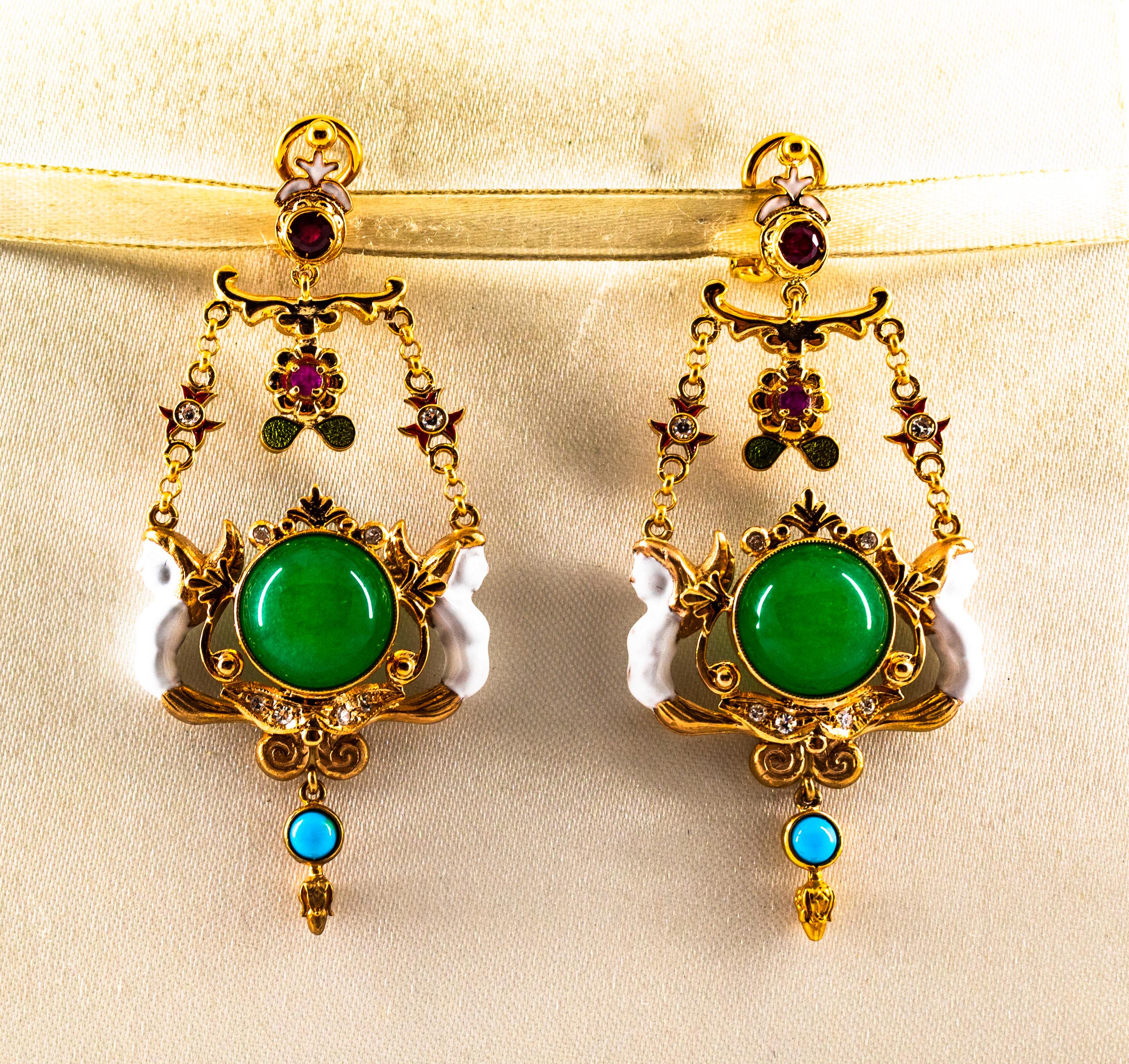 Clips d'oreilles en goutte Art Nouveau en or jaune avec diamants blancs, rubis, jade et turquoise Neuf - En vente à Naples, IT