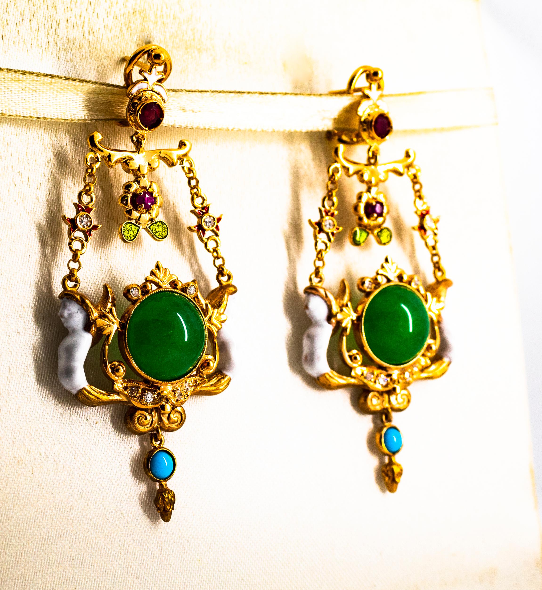 Clips d'oreilles en goutte Art Nouveau en or jaune avec diamants blancs, rubis, jade et turquoise Unisexe en vente