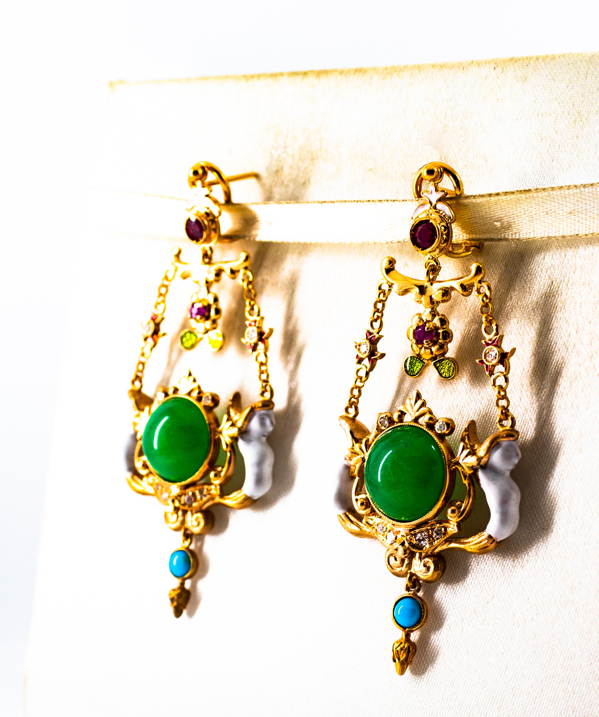 Art Nouveau White Diamond Ruby Jade Turquoise Yellow Gold Drop Clip-On Earrings For Sale 2