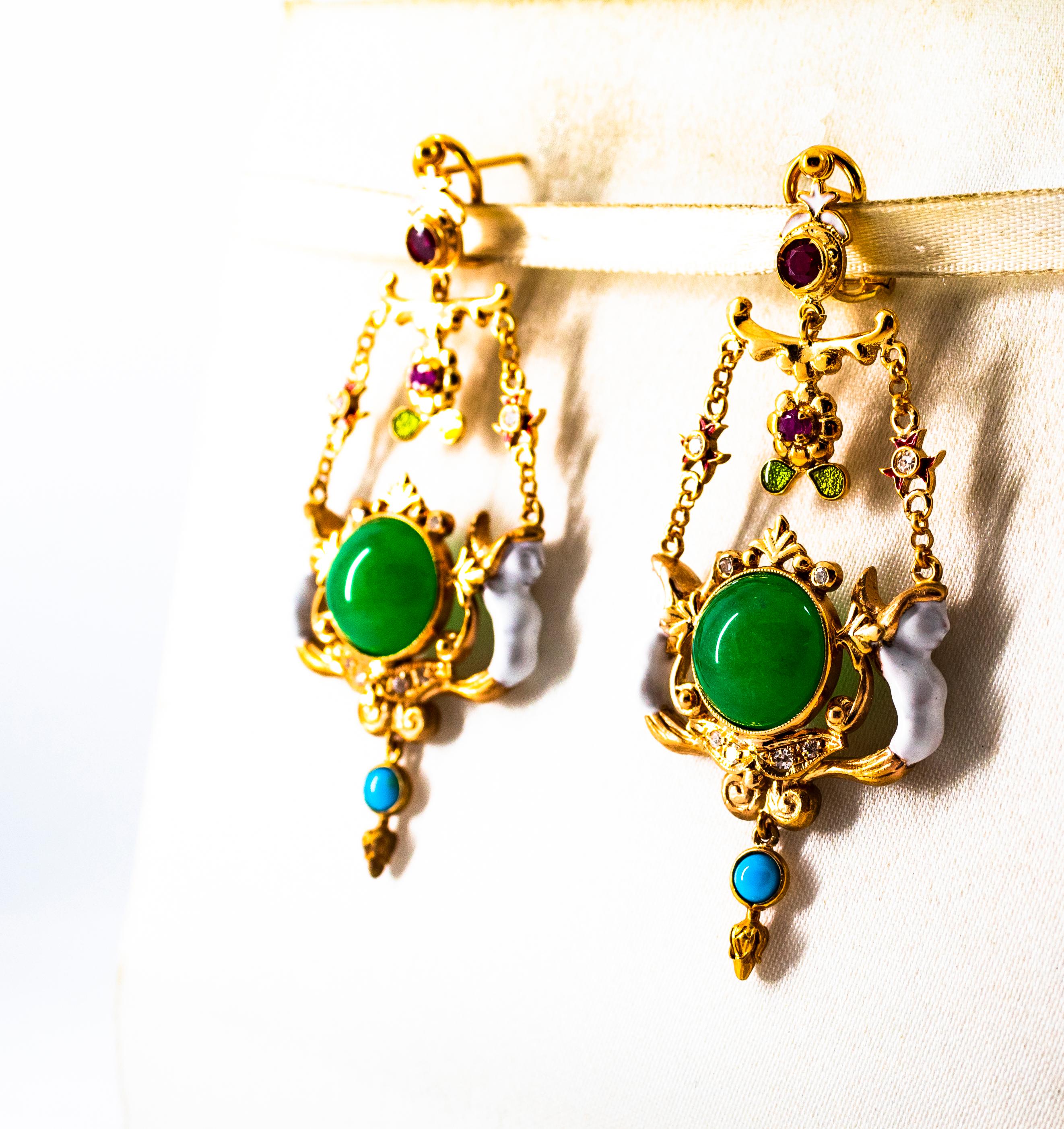 Clips d'oreilles en goutte Art Nouveau en or jaune avec diamants blancs, rubis, jade et turquoise en vente 2