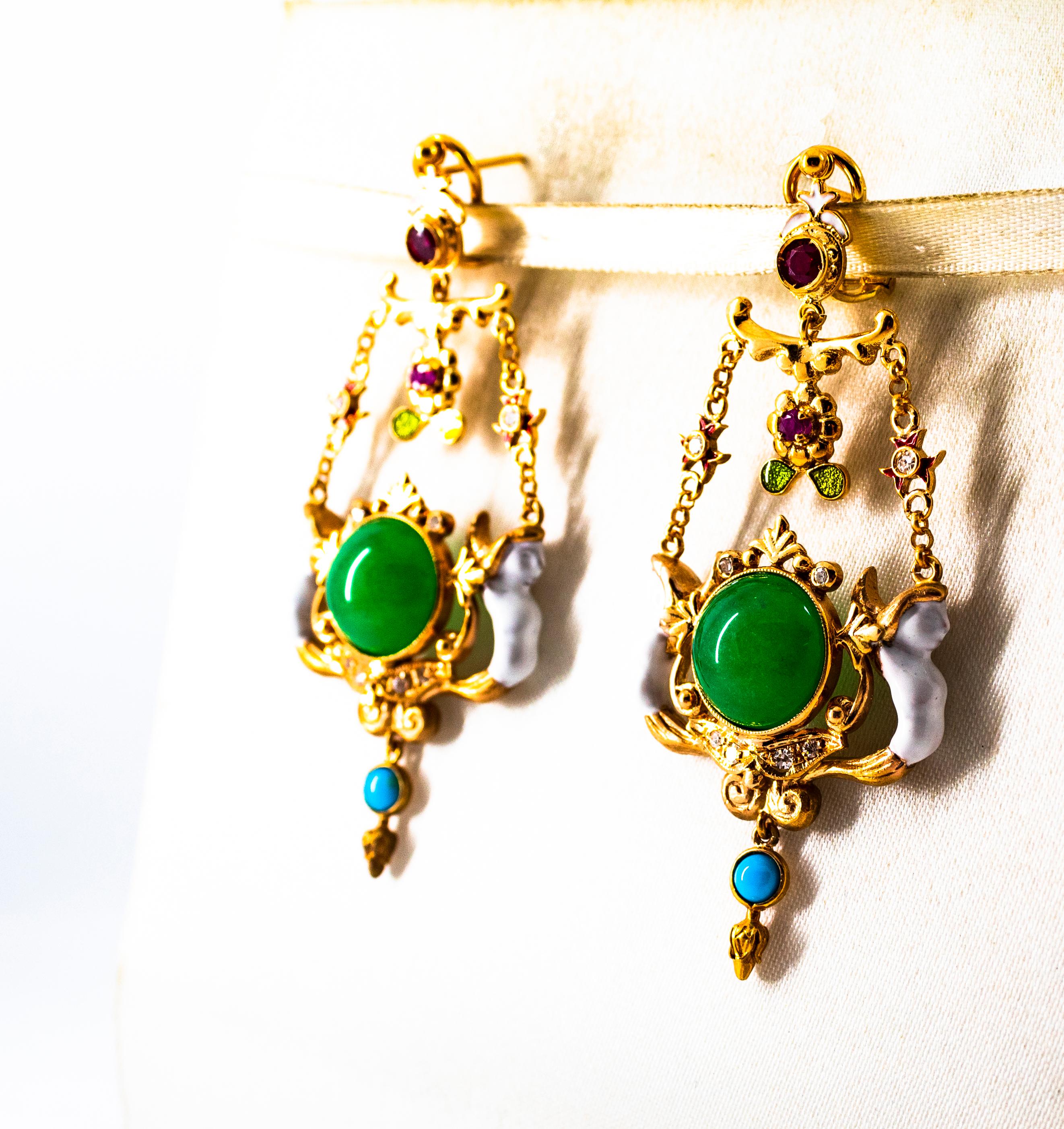 Orecchini a goccia in oro giallo Art Nouveau con diamante bianco, rubino, giada e turchese in vendita 3