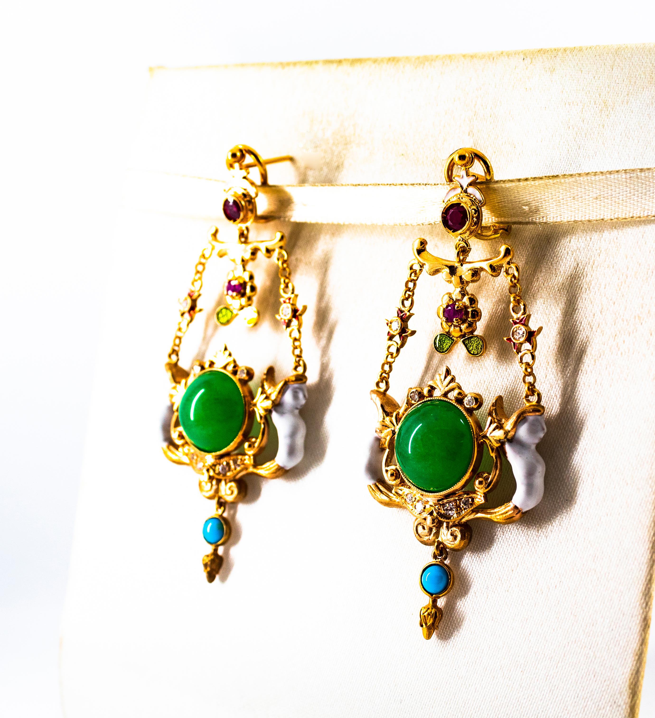 Art Nouveau White Diamond Ruby Jade Turquoise Yellow Gold Drop Clip-On Earrings For Sale 4