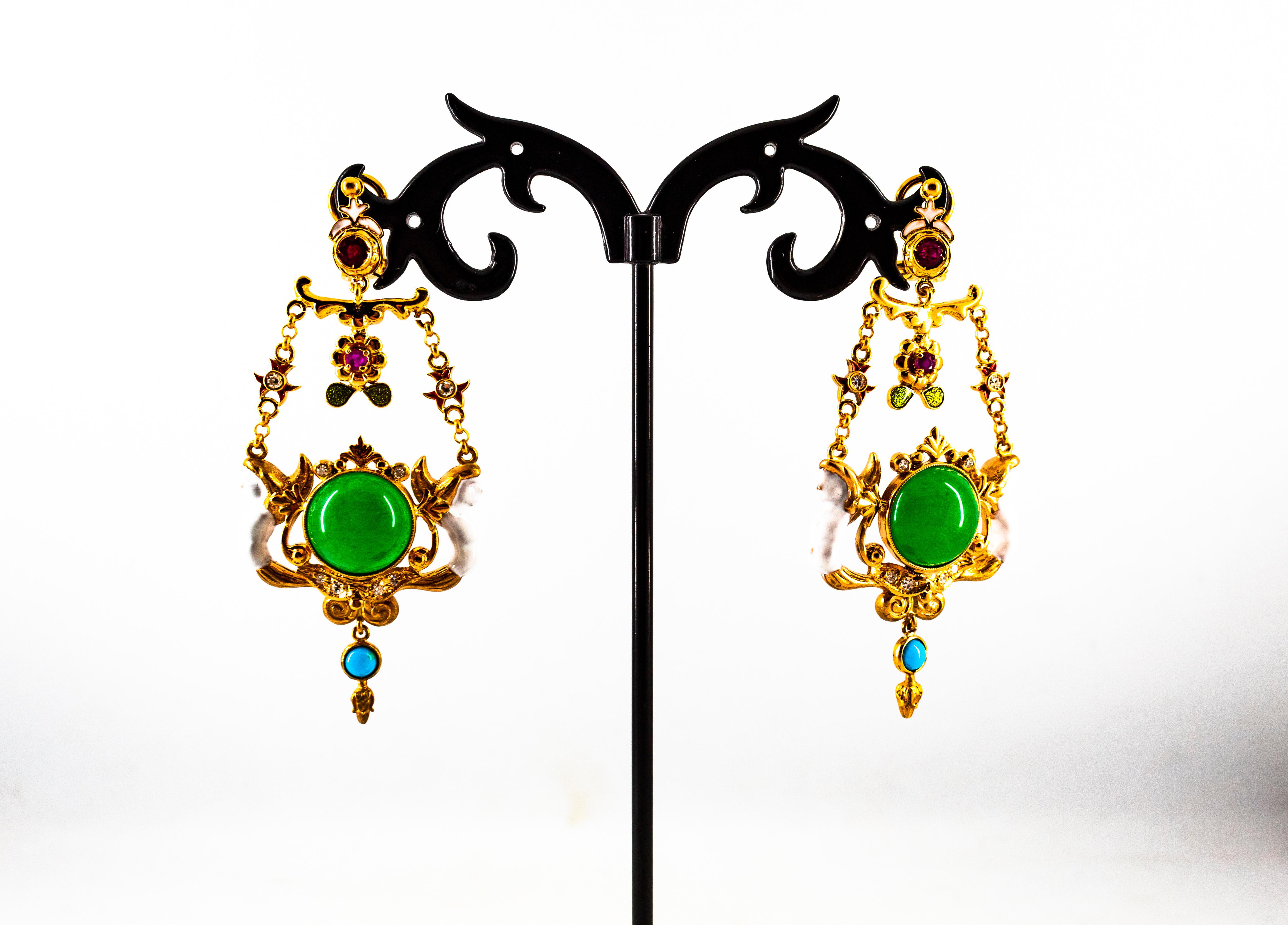 Art Nouveau White Diamond Ruby Jade Turquoise Yellow Gold Drop Clip-On Earrings For Sale 5