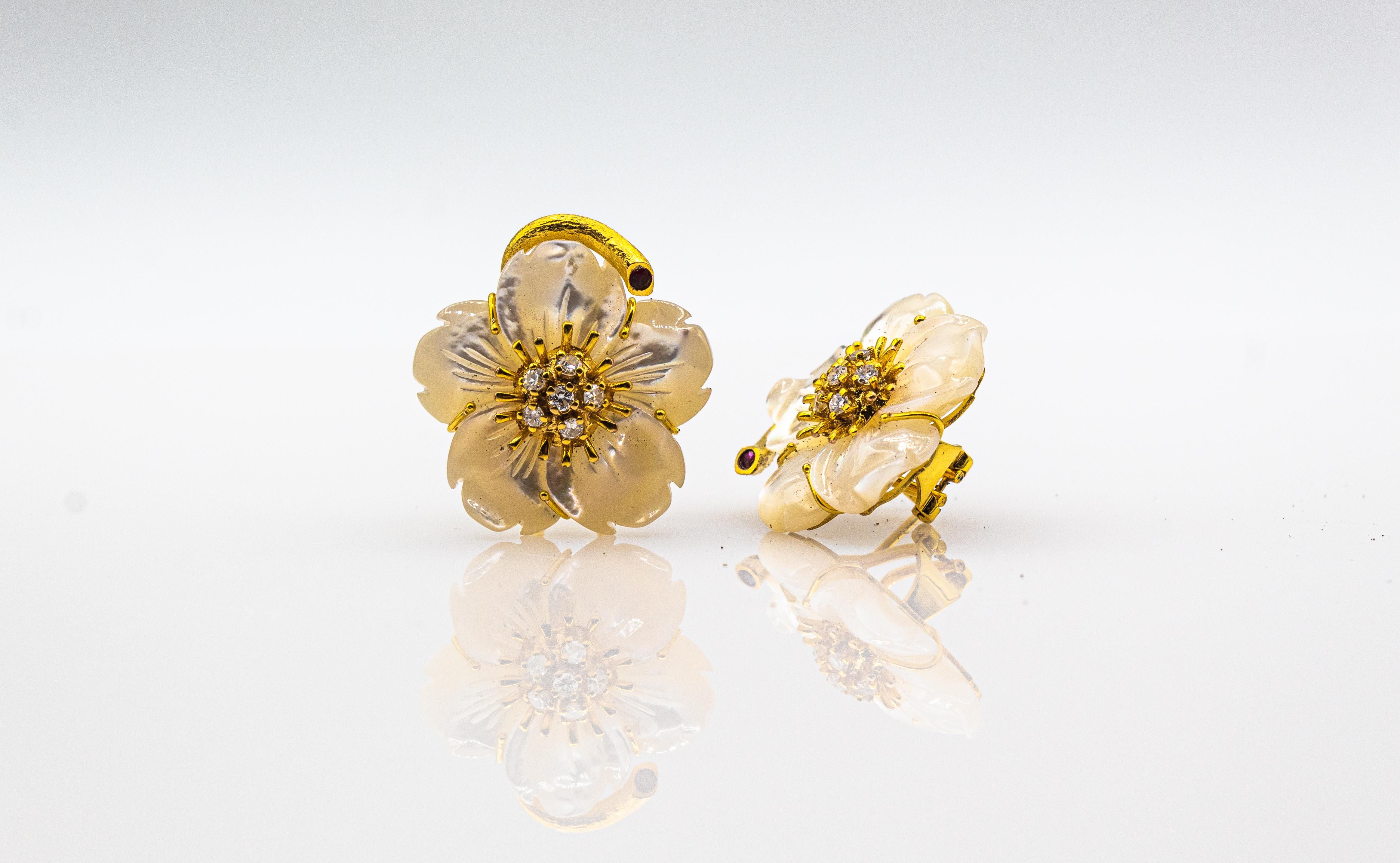 Art Nouveau Pendientes Flores Diamante Blanco Rubí Madreperla Oro Amarillo 5